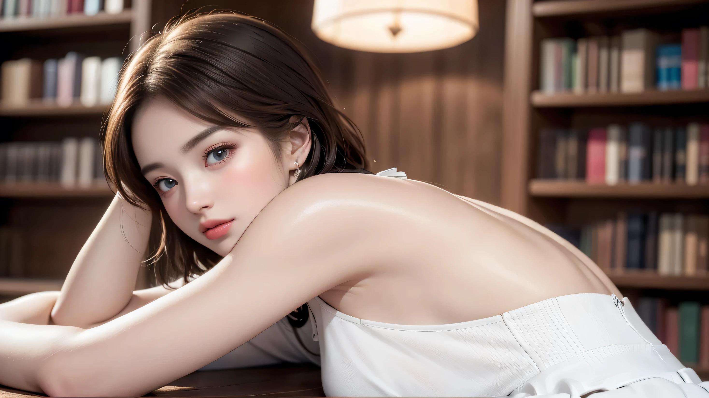 East Asian beauty wearing bright black sexy cheongsam，Lying whole body，Delicate facial features，Looming，Indoor light，Background bookshelf collection showcase，Photo texture，Attention to detail，High quality，Medium focal length lens，Delicate style，Soft Light，Dark Tones，Elegance。