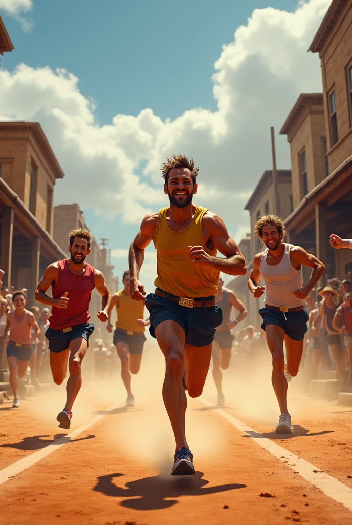 man running and celebrating his victory with a crowd around him