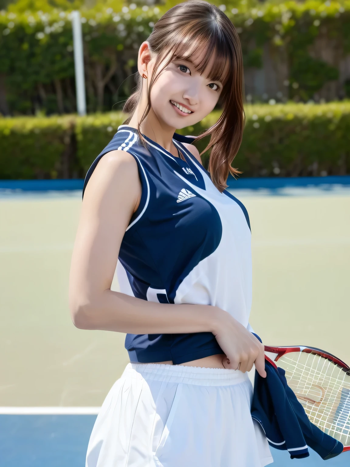 A young female tennis player dressed in a sleek blue tennis outfit stands ready, with her white undergarments visible. gripping her tennis racket with both hands in a poised and focused stance. The sunlight highlights the crisp lines of her attire and the polished strings of the racket. Her determined gaze locks onto an unseen opponent, exuding confidence and anticipation. The lush green grass of the tennis court extends into the distance, framed by a clear blue sky. This dynamic scene captures the perfect blend of elegance, power, and athletic prowess, showcasing her readiness to strike with precision and grace. smiles gently, FRIENDLY.  ( RAW photos , top quality ), ( realistic , photo- realistic :1.4), masterpiece, extremely delicate and beautiful, extremely detailed, 2k wallpaper, amazing on the beach, Detailed description, extremely detailed CG unity 8k wallpaper, Ultra Details, high res, Soft light, beautiful detailed girl looking back, extremely detailed eyes and face, beautiful detailed nose, beautiful detailed eyes, cinematic lighting, Perfect Anatomy, slender body. 