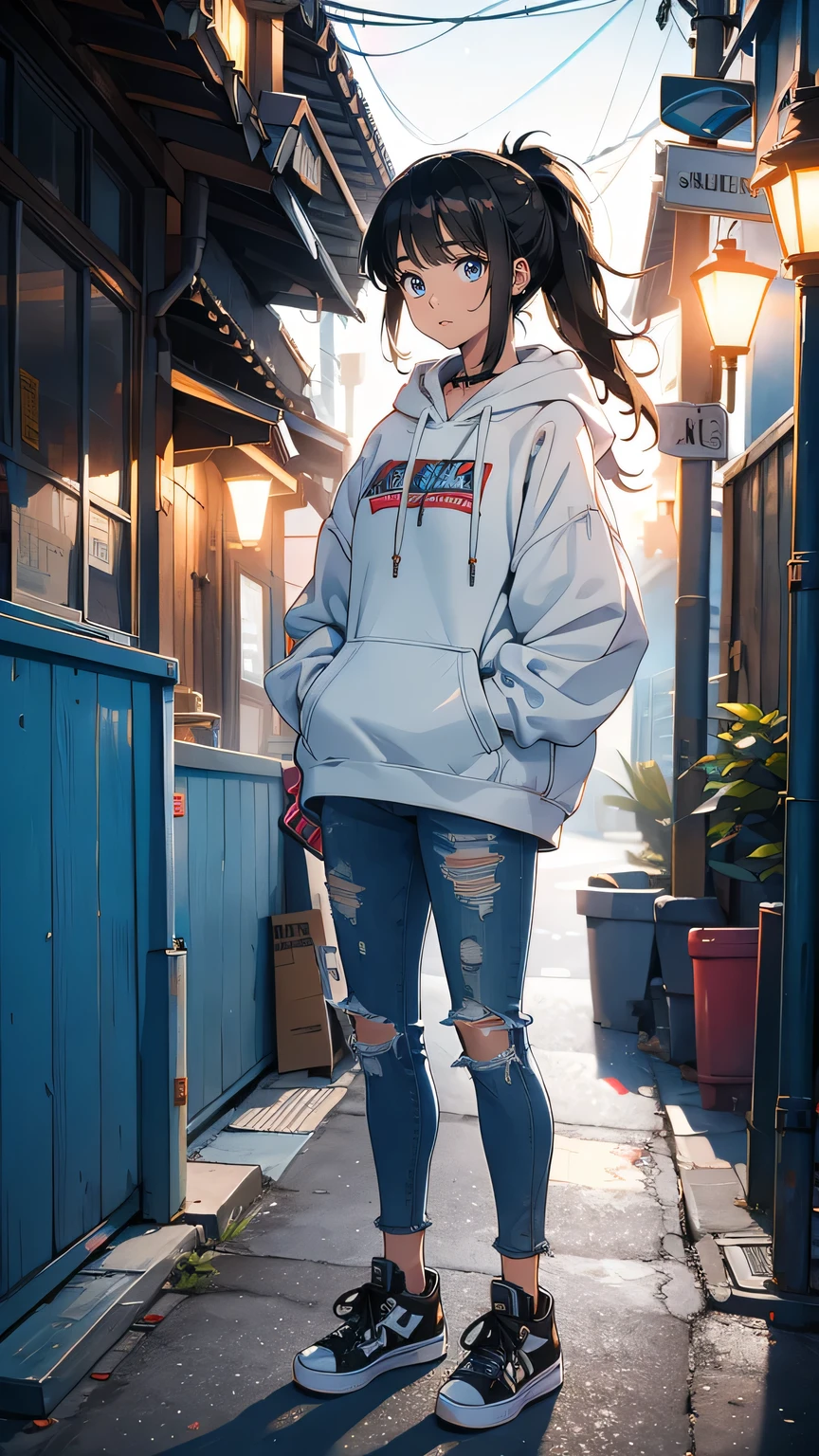 “A -yeld gistanding with her skateboard in a quiet, empty alleyway. She wears an oversized hoodie and ripped jeans, her long hair pulled into a messy ponytail. Her expression is a mix of uncertainty and determination, her skateboard gripped tightly at her side. The dim light from nearby streetlamps casts soft shadows, highlighting her introspective and slightly withdrawn personality.”