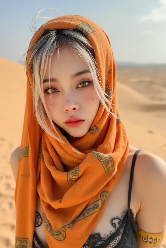 Wanderer in the Sands,
upperbody  photorealistic depiction of a desert wanderer with bright amber eyes, pale skin dotted with freckles, and wrapped in weathered bandages. Her orange scarf flows slightly as if caught by a breeze, its vibrant hue standing out against a soft, sunlit yellow backdrop. Strands of white hair escape her head wrap, adding a dynamic touch to her appearance. Emphasize intricate details like the texture of her skin, the fine fibers of the scarf, and the rugged, weathered look of the bandages, making the scene feel alive and tangible.

hieroglyphics pattern, unclean face,  closed mouth, thick eyelashes, long eyelashes, thick eyebrows, thick lips, 