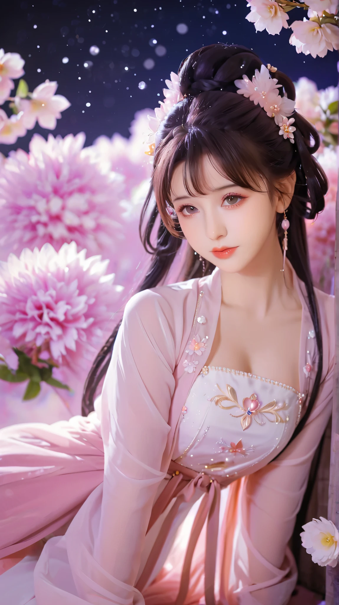  Pink Hair、 wearing a pink dress、头发上有花朵的Anime Girl, very 美丽的Anime Girl, 美丽的Anime Girl,  beautiful fantasy anime , Gu Weiss, Anime Girl, 美丽的Anime Girl,  very pretty cute girl,  pink flower ,  background blur, Anime style 4K, Anime fantasy work , 4k anime wallpaper,  Guvez style artwork 