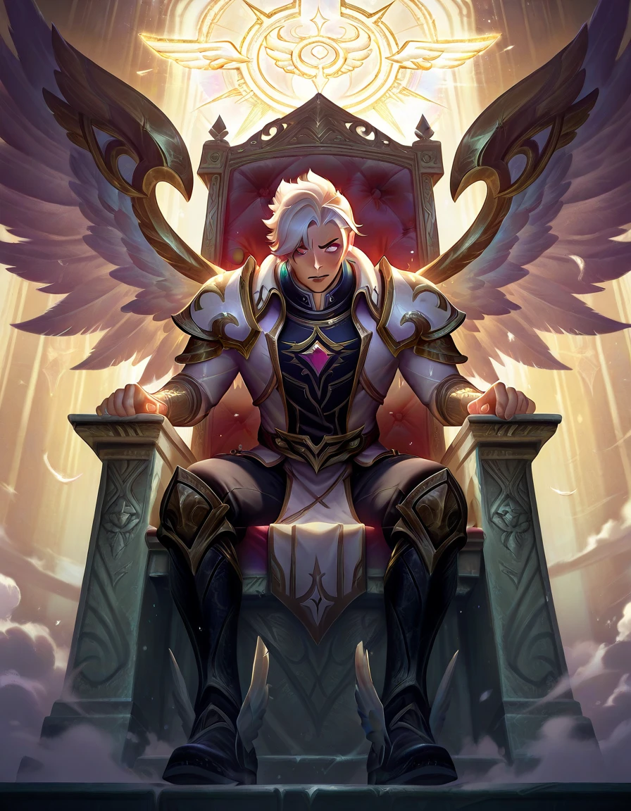 (masterpiece), best quality, expressive eyes, perfect face,male, short hair, noxus armor, anime - style male angel with white hair and wing, young angel, dark armor angle with wing, Noxian armor body, wing iron, highly detailed exquisite fanart, fanart best artstation, winged male, detailed digital anime art, stunning character art, splash art pose, splash art pose, sitting on a throne