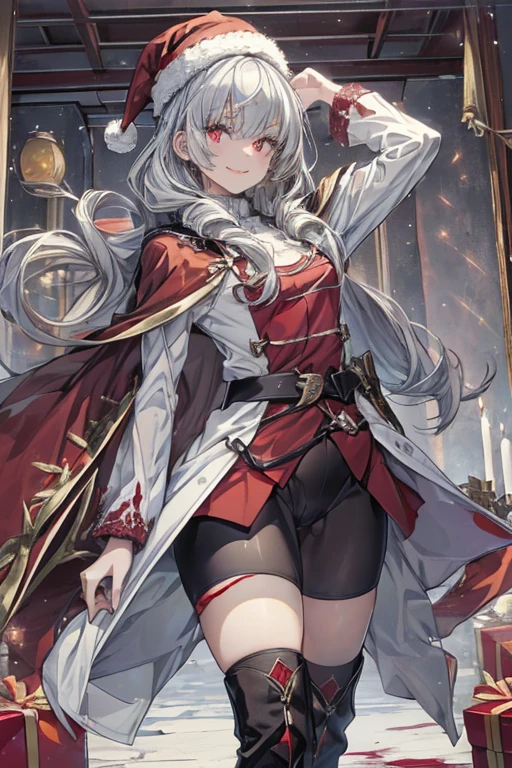 (from below:1.2),((1girl, silver hair, long hair, evil red eyes, crazy eyes, crazy smile:1.5, ), (santa clothes, santa hat, black tights, santa boots), (((holding ominous japanese sword ))), ((battlescene,slashilg,killing the mafia,blood splash)), (indoor, party room, christmas party), ((masterpiece:1.5)), ((best quality:1.5)), (ultra-detailed:1.5), (cinematic lighting, cinematic posing), (with sparkling eyes and a contagious smile),her thin pubic hair:1.2, looking at viewer