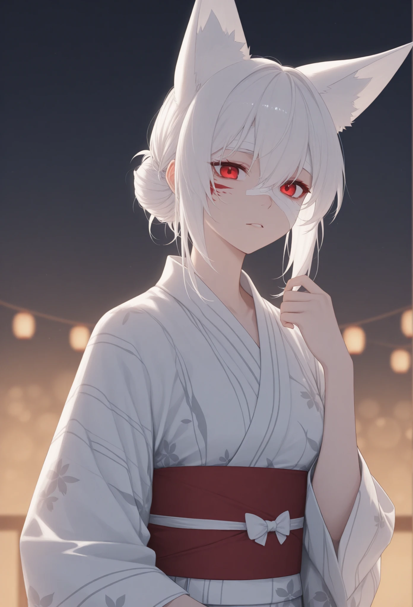  kitsune girl in red and white yukata,  with red eyes ,  white hair bandage on the eyes,  tied in a bun , fox white ears . 