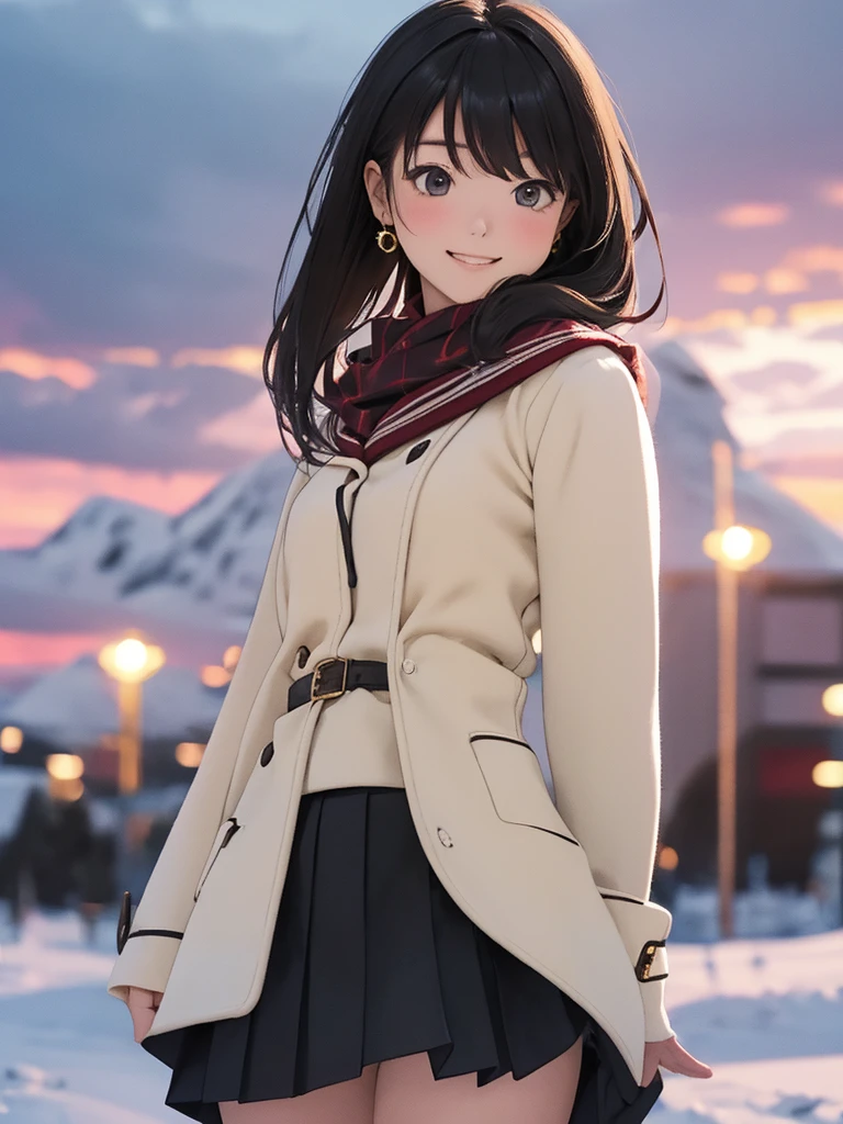 masterpiece、 high res、 1 girl 、One person、whole body、woman、 light smile 、blush、Mid-chest、 skinny、 real、20 years old、 Single 、solo、 beauty、 perfect body、(( school uniform、 black mini skirt)) ,  duffle coat、 scarf、 cowboy shot、 earrings for women with first name、gloves、Winter Scenery、(( flip through the skirt、 show panties ))、NSFW