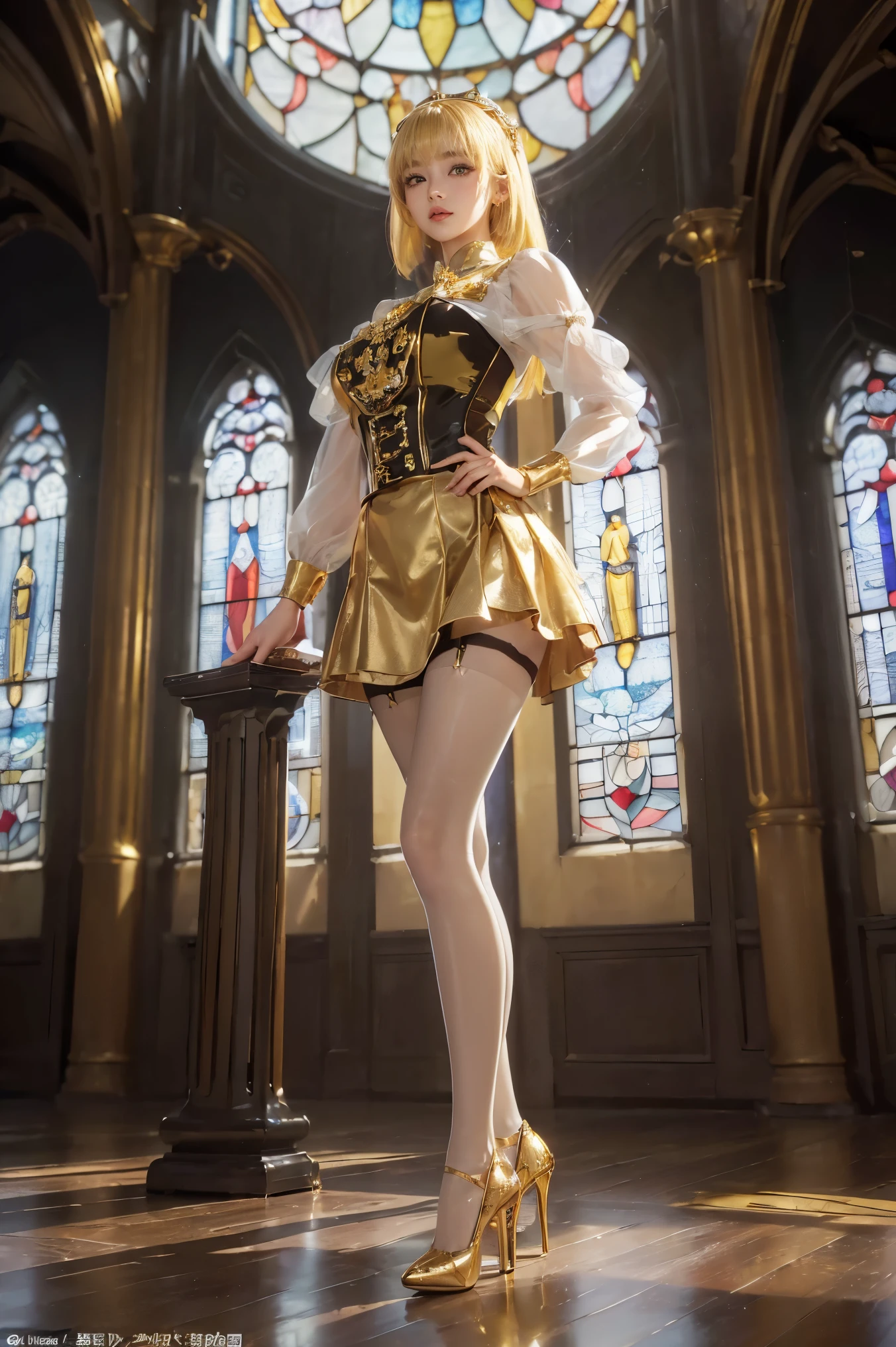 Beautiful 20 year old woman, (((blond updo))),(((Miniskirt Prom Dresses))), (mini skirt),(White panties)、church、(((Photo taken from below)))