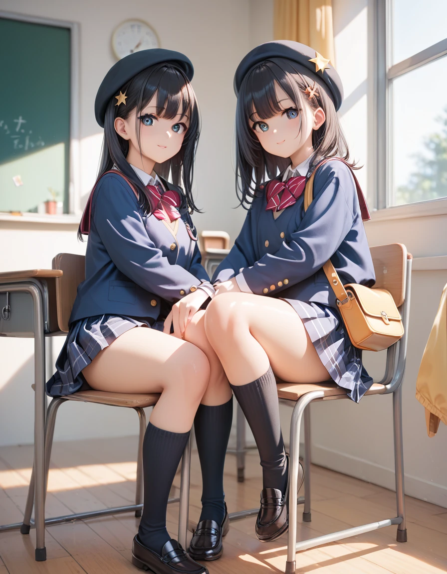 score_9, score_8_ up, score_7_ up, Source_Anime,  high resolution picture ,masterpiece, top quality , girl , cute face, clean skin, shiny hair, super detailed eyes,  women's clothing,  school uniform, shoulder bag, beret, (black knee-high socks up to the knee),  school classroom,  sitting on chair 