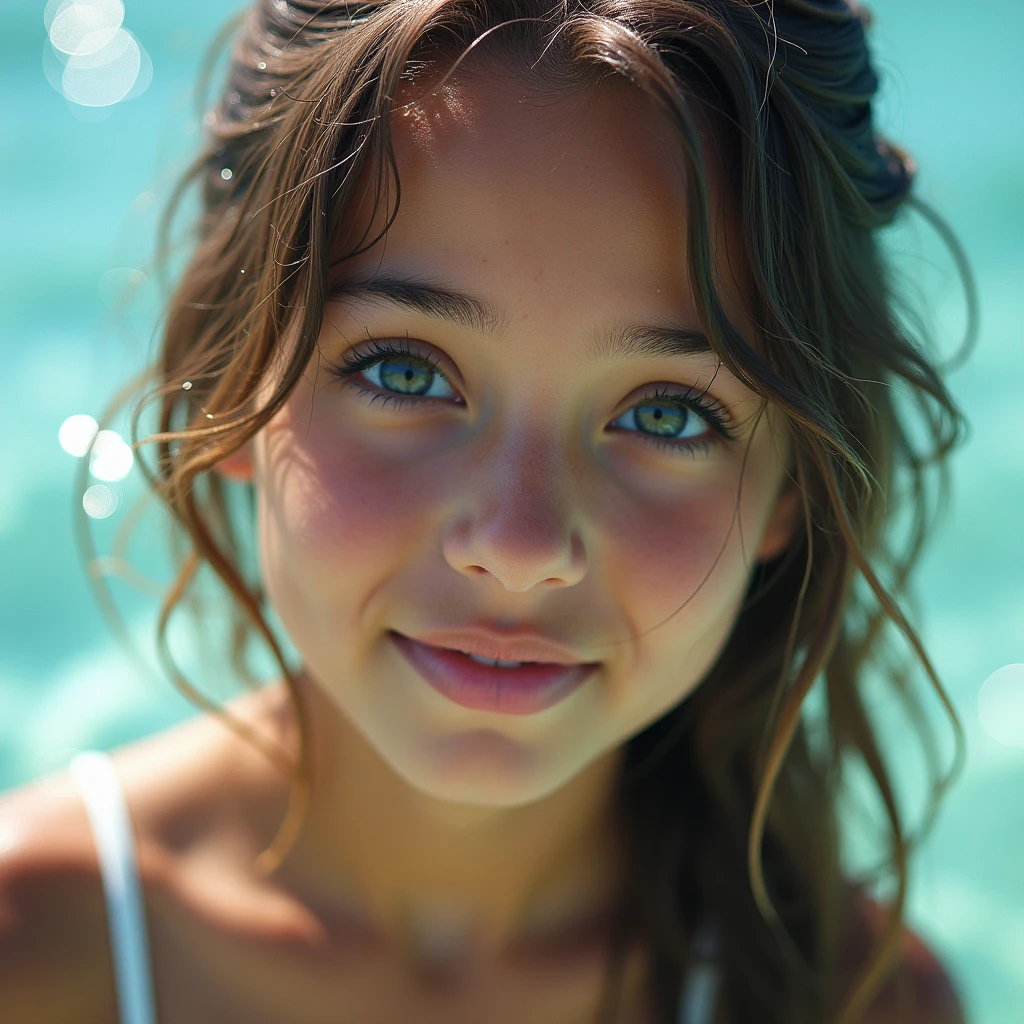 9 year old girl long hair blue eyes on the beach
