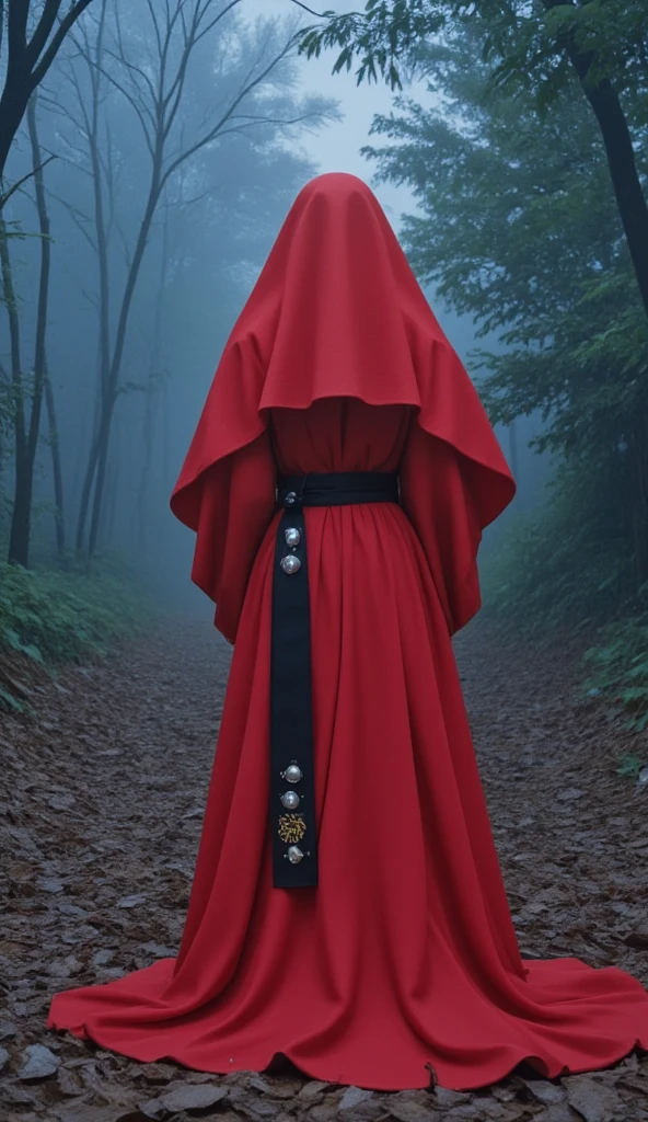  in an ancient forest shrouded in fog ， with a mysterious blue light 。 The floor is covered with thick fallen leaves ， The fog floats through it 。 A mysterious person in a bright red cape， with its back The viewer stands on a forest path 。 The cape flutters with the wind ， Article ， Gently shaking in the low light 。The character wears a hood ， The shadows under the brim of the hat cover the face 。 and a black belt with a mysterious gold charm embroidered on the waist ， with a string of silver bells hanging on the belt ， with an ancient symbol engraved on the surface of the bell ， gently shaking in the low light ， makes a crisp sound ， seems to be telling the secrets of the forest 。 The surrounding trees are scattered ， with shimmering crystals on the branches ， watching everything 。 There is a looming castle in the distance ， The castle emits a faint purple glow 。