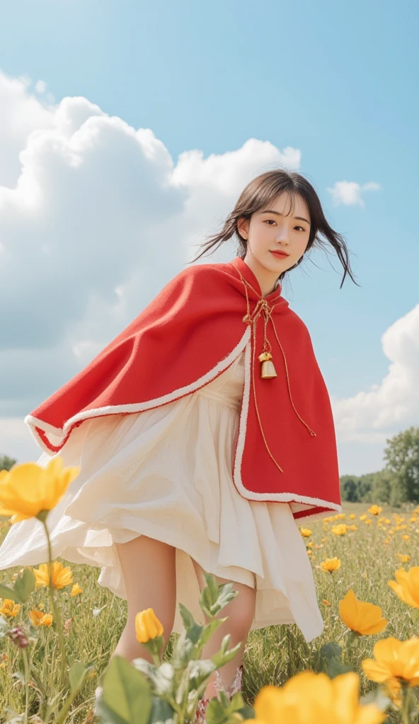 On a sunny and dreamy grassland，Colorful flowers are blooming，A breeze blows，flowers gently sway。There are cotton candy-like clouds of various shapes floating in the sky，The sun shines through the clouds and casts golden light。A cute  wearing a red cloak，The edge of the cloak is decorated with white fluff，It looks very playful。 showing off her naughty face ，The ends of the braids dance happily with the running movements。A golden chain is tied around the 's neck，A small golden bell hangs on the chain，The surface of the bell is smooth，Reflecting sunlight。She is running happily on the grassland，The bell makes a clear and pleasant sound，Attracting butterflies and birds around her to fly around。There is a pink cabin in the distance，There is a small garden in front of the house，The garden is full of roses of various colors。