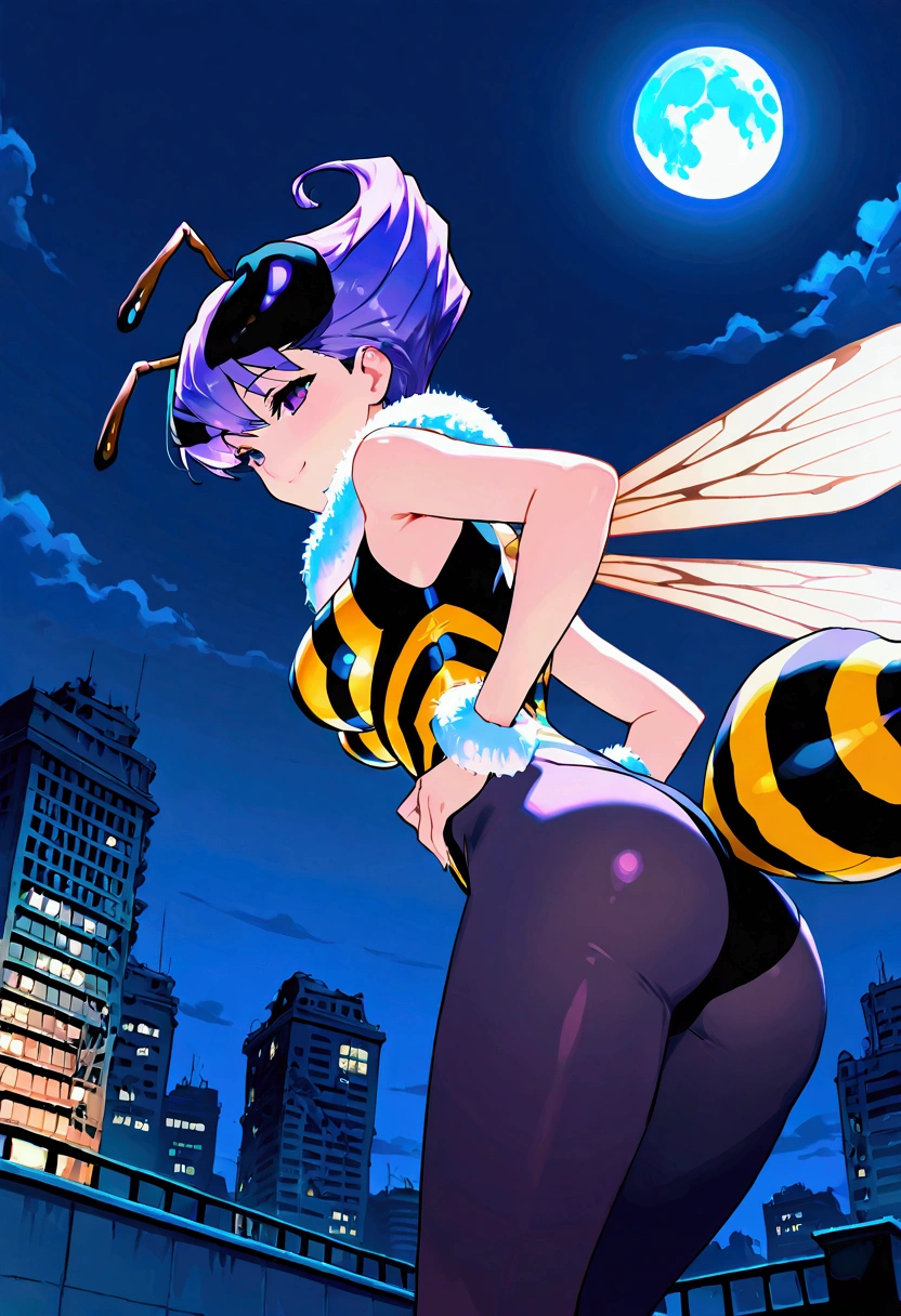 score_9,score_8_up,score_7, source anime, BREAK, 1girl, solo, bee girl, q-bee darkstalker, abdomen tail, bee tail, arthropod girl, wings, solo, antennae, purple hair, insect wings, monster girl, purple eyes, short hair, pantyhose, looking at viewer, purple pantyhose, bangs, leotard, fur collar, smile, bare shoulders, bodysuit, sleeveless, breasts, fur trim, seductive, sexy, night sky, post-apocalypse, crumbling city on background, late night, moon, (masterpiece), best quality, high res, HD, 4k, 8k, Detailed Illustration, intricate detail, cinematic lighting, amazing quality, amazing shading, soft lighting, absurdres, newest, bust portrait, upper-body, close-up, from behind, back, rear back, bending forward, flying, from below, low angle view, rooftop, sexy pose, seductive pose, hands on hips,