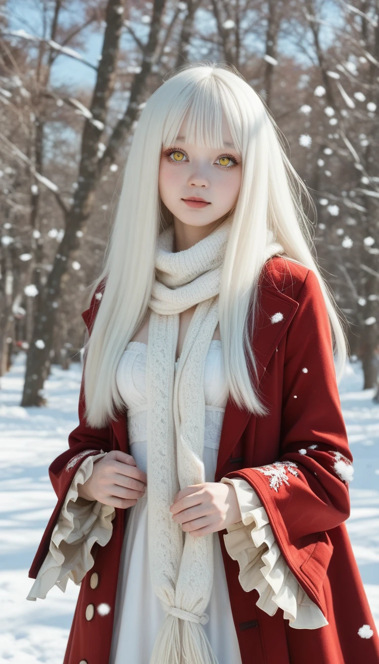 gothic lolita cosplay, cute girl, Red trench coat,  scarf、masterpiece, (( long hair )), long white hair , very long straight hair, Short bangs, albino white skin, Pale yellow eyes , Narrow shoulders, Moderate breasts, white skin, skinny, ((( outdoor、cold、 snowing 世界、 snowing ))), (((Night Time)))