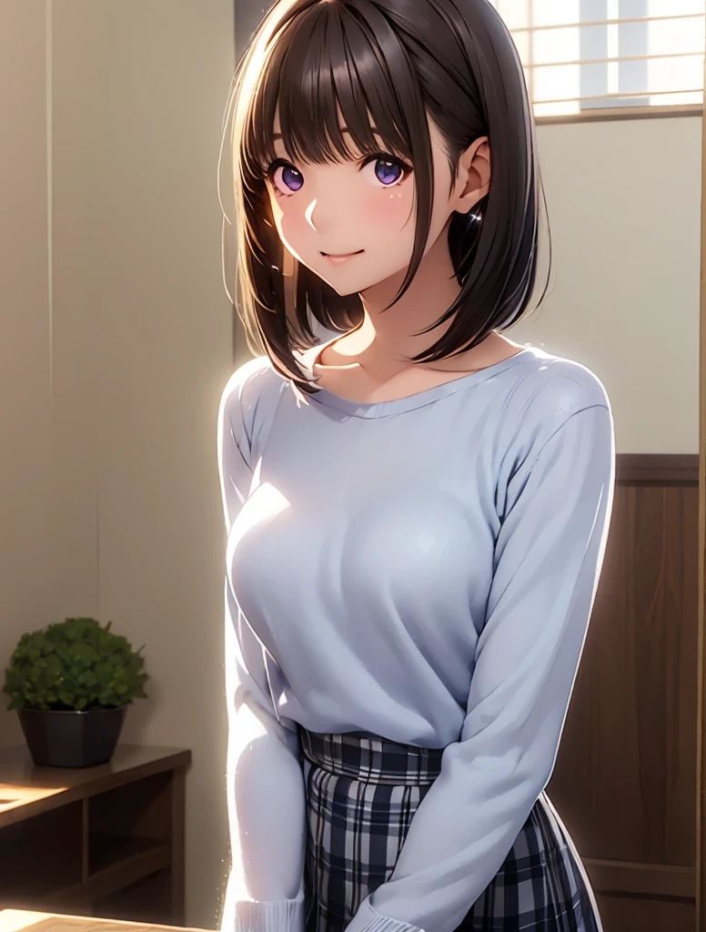 High resolution,In 8K,Best Quality,detailed,Semi-realistic anime,Anime 3D Style,Smooth anime CG,One Girl,One Japanese woman,slim,Modeled,Shiny brown hair,Short Bob,detailedな顔,Beautiful and detailed,Glowing Skin,(((Black elbow-sleeve knit top))),(Light blue long skirt),((Thin checked long skirt)),straggling hair,Angelic hairstyle,Small breasts,((Deep violet sparkling eyes)),((Looking into the camera)),(((Shut your mouth.))),((Laughter))、カウボーイショット, 大きな胸, 