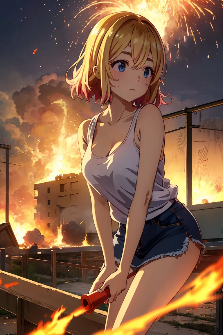 masterpiece, Highest quality anime illustrations, Super detailed,ultra high resolution、perfect lighting single girls, alone, Blonde、medium hair, anime , view at viewer,  cleavage、 crouching 、I have a lighted matchstick、 black tank top seen above、 sexy short denim skirt holding a lighted match stick、Black panties、panties pull、at night、 fence、Explosion and Flames 、 Explosion Military Base in Flames、Building on fire