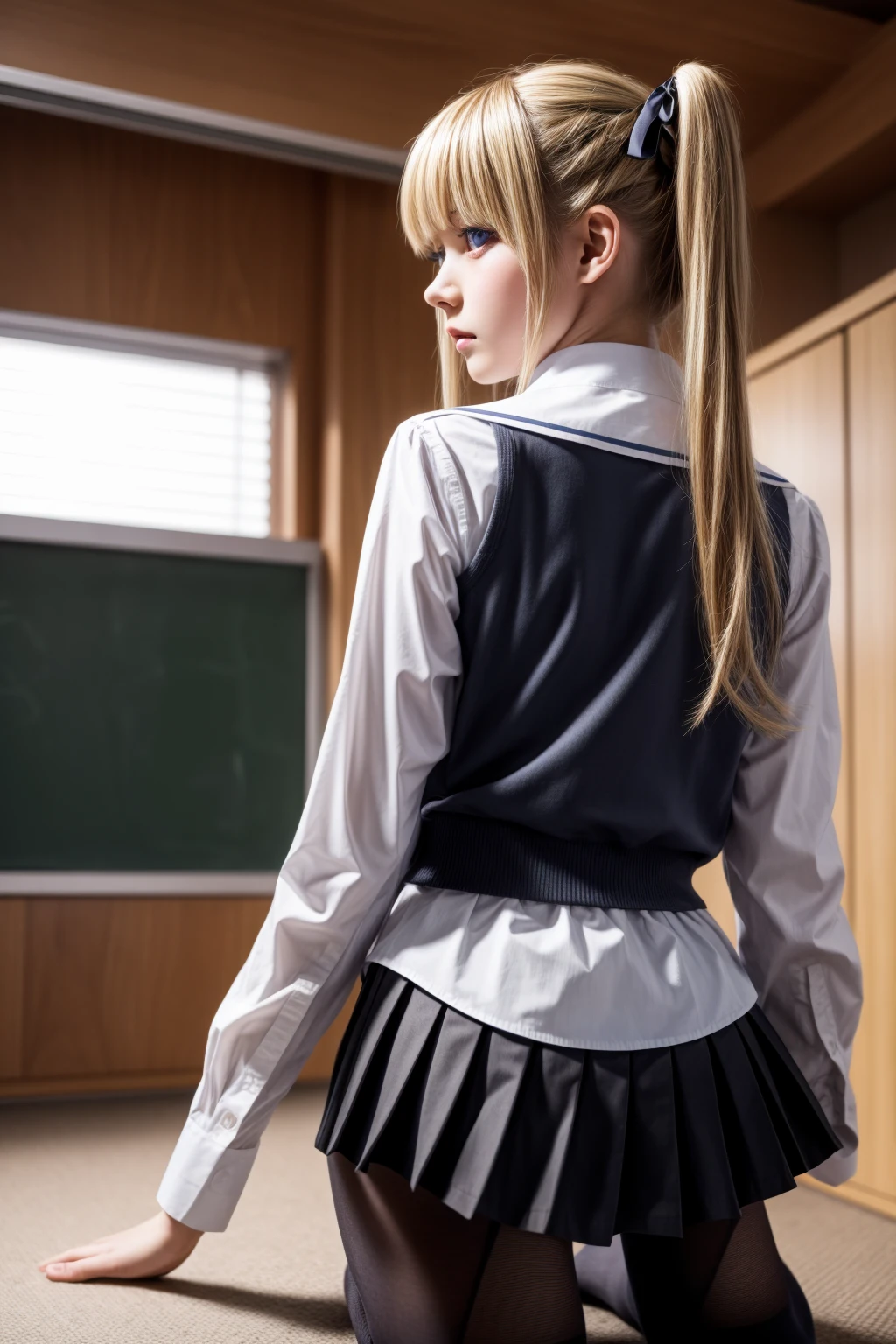 eririspencer, eriri sawamura spencer, blonde hair, blue eyes, blunt bangs, hair ribbon, hime cut, long hair, twintails, full body, full pose, BIG BREASTS, gross face, Grimace, ((kneeling)), BREAK black ribbon, black skirt, ((black pantyhose)), pleated skirt, ribbon, school uniform, skirt, zettai ryouiki, BREAK ((looking back)), ((school shoes)), BREAK indoors, classroom, BREAK (masterpiece:1.2), best quality, high resolution, unity 8k wallpaper, (illustration:0.8), (beautiful detailed eyes:1.6), extremely detailed face, perfect lighting, extremely detailed CG, (perfect hands, perfect anatomy),