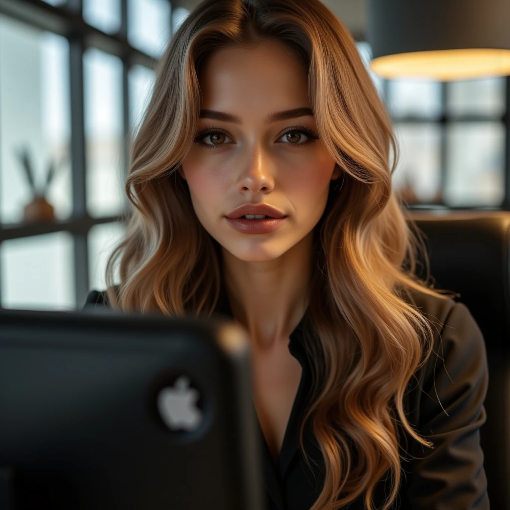 a beautiful young woman with long golden hair, extremely detailed eyes, nose, and lips, wearing professional attire, sitting in an office setting, using a computer, (best quality,4k,8k,highres,masterpiece:1.2),ultra-detailed,(realistic,photorealistic,photo-realistic:1.37),high resolution,studio lighting,extremely detailed face and body,portraits,cinematic lighting,dramatic lighting,warm color tones,dramatic colors