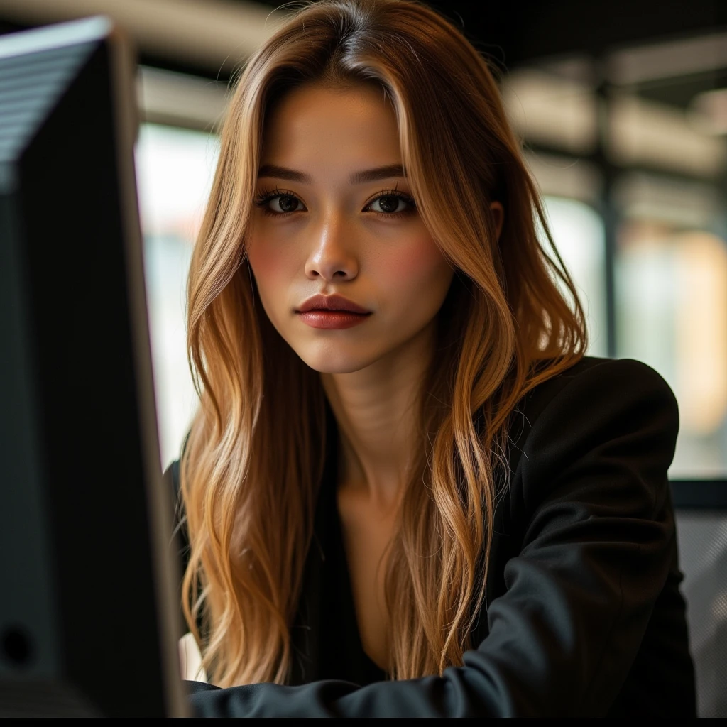 a beautiful young woman with long golden hair, extremely detailed eyes, nose, and lips, wearing professional attire, sitting in an office setting, using a computer, (best quality,4k,8k,highres,masterpiece:1.2),ultra-detailed,(realistic,photorealistic,photo-realistic:1.37),high resolution,studio lighting,extremely detailed face and body,portraits,cinematic lighting,dramatic lighting,warm color tones,dramatic colors