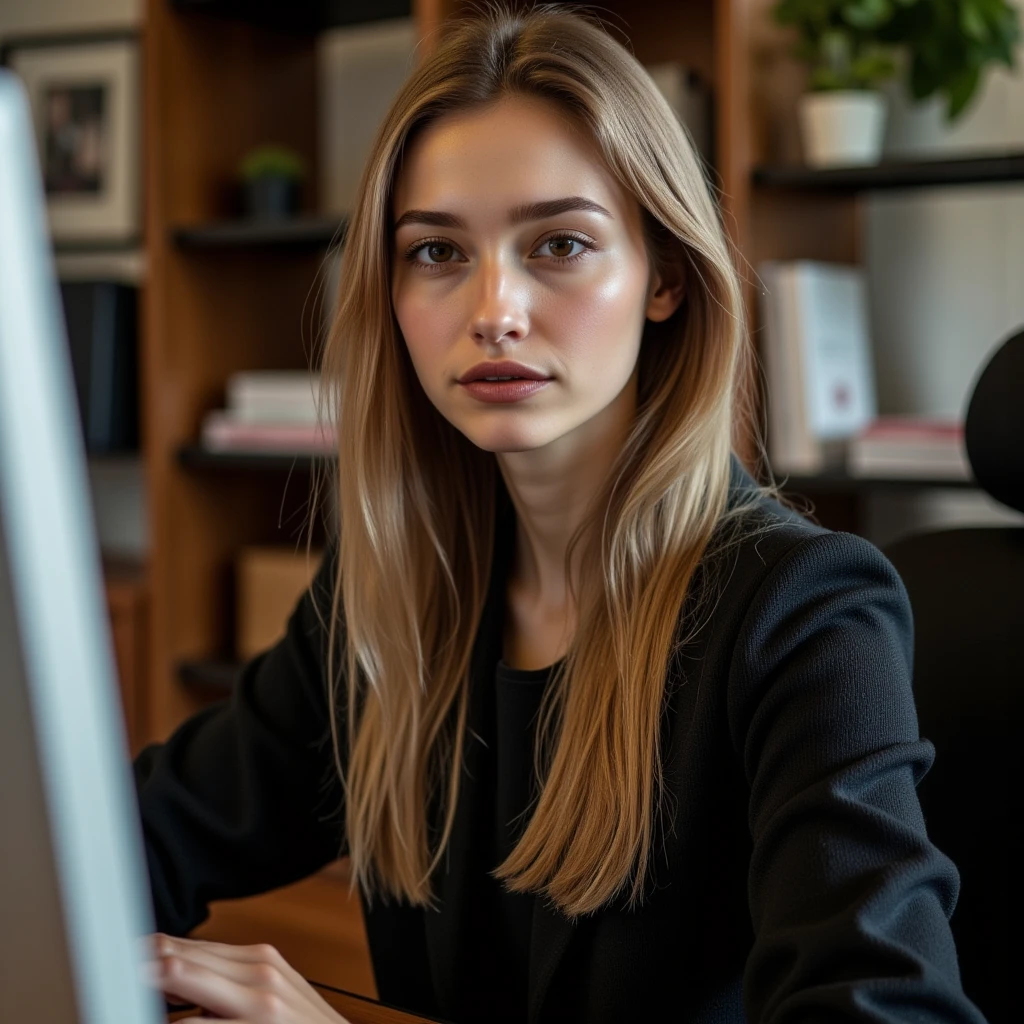 a beautiful young woman with long golden hair, extremely detailed eyes, nose, and lips, wearing professional attire, sitting in an office setting, using a computer, (best quality,4k,8k,highres,masterpiece:1.2),ultra-detailed,(realistic,photorealistic,photo-realistic:1.37),high resolution,studio lighting,extremely detailed face and body,portraits,cinematic lighting,dramatic lighting,warm color tones,dramatic colors