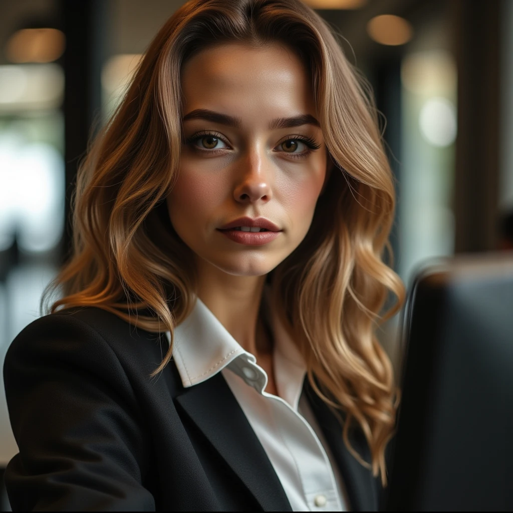 a beautiful young woman with long golden hair, extremely detailed eyes, nose, and lips, wearing professional attire, sitting in an office setting, using a computer, (best quality,4k,8k,highres,masterpiece:1.2),ultra-detailed,(realistic,photorealistic,photo-realistic:1.37),high resolution,studio lighting,extremely detailed face and body,portraits,cinematic lighting,dramatic lighting,warm color tones,dramatic colors