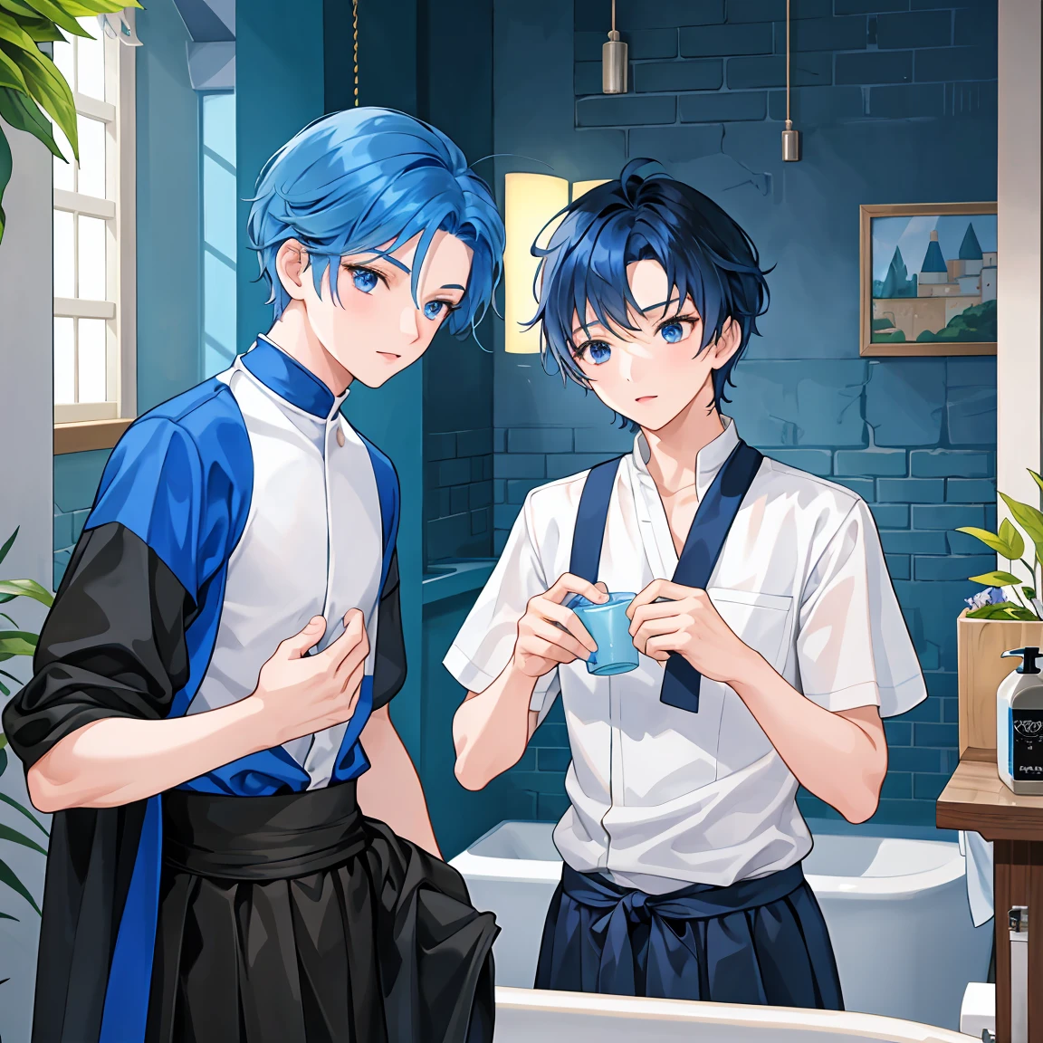  two boys in a medieval washroom( s) talking 。Blue haired and dark haired 