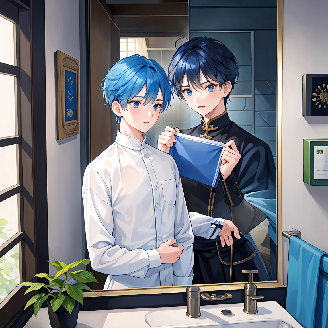  two boys in a medieval washroom( s) talking 。Blue haired and dark haired 