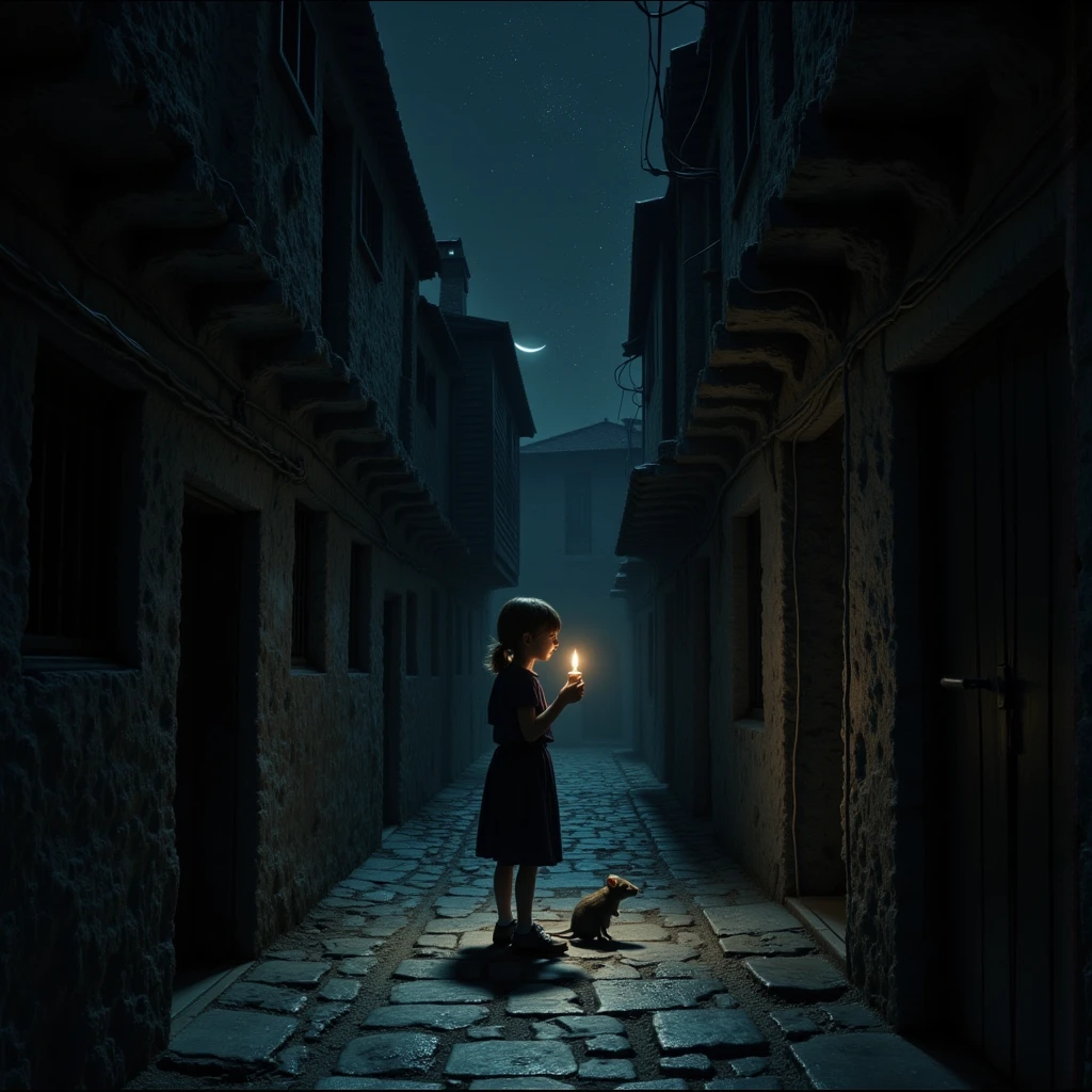 A mysterious alleyway, a girl in the center holding a melting candle, the stone pavement lit by the candle's light with a mouse gazing at her, dim lighting, contrast, (deep sea-like starry sky:1.5), dark surrealism, dynamic lighting, professional, masterful painting, uneven painting, rugged texture, DB4RZ style