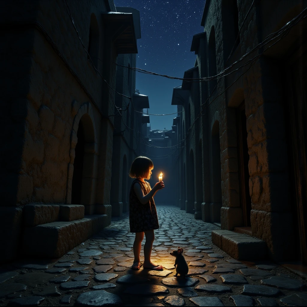 A mysterious alleyway, a girl in the center holding a melting candle, the stone pavement lit by the candle's light with a mouse gazing at her, dim lighting, contrast, (deep sea-like starry sky:1.5), dark surrealism, dynamic lighting, professional, masterful painting, uneven painting, rugged texture, DB4RZ style