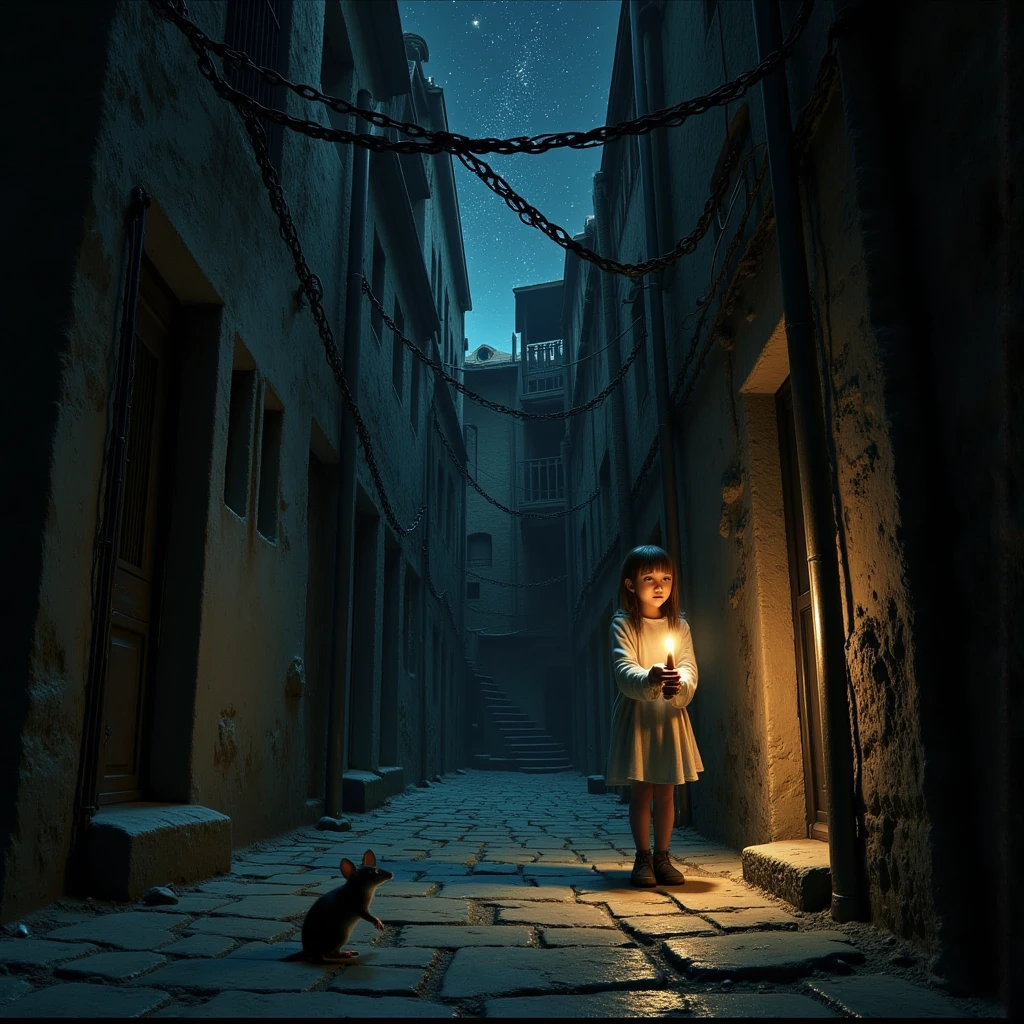 A mysterious alleyway, a girl in the center holding a melting candle, the stone pavement lit by the candle's light with a mouse gazing at her, dim lighting, contrast, (deep sea-like starry sky:1.5), dark surrealism, dynamic lighting, professional, masterful painting, uneven painting, rugged texture, DB4RZ style