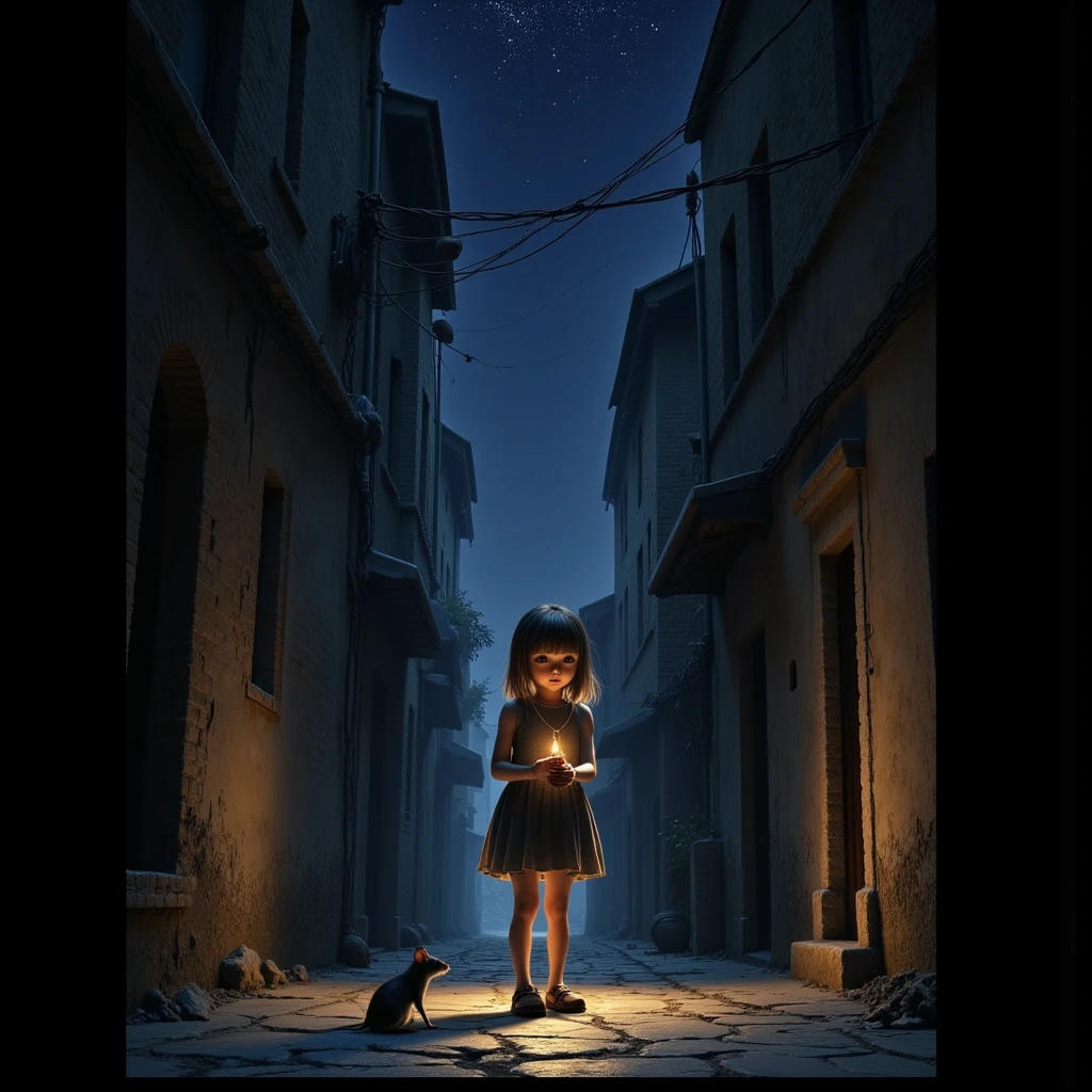 A mysterious alleyway, a girl in the center holding a melting candle, the stone pavement lit by the candle's light with a mouse gazing at her, dim lighting, contrast, (deep sea-like starry sky:1.5), dark surrealism, dynamic lighting, professional, masterful painting, uneven painting, rugged texture, DB4RZ style