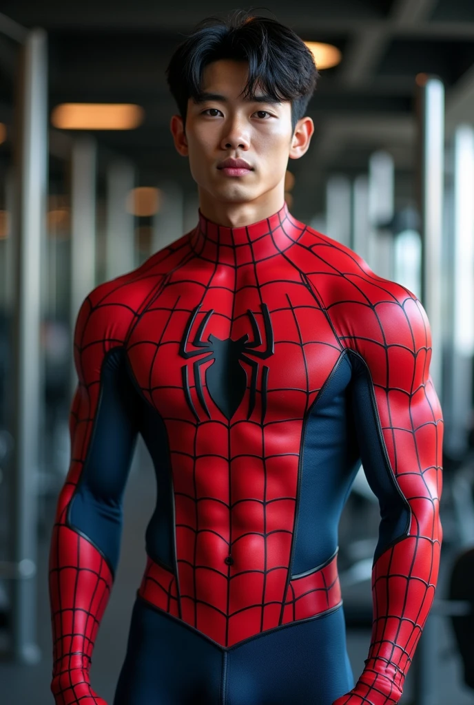 Young Korean boy in a detailed Spider-Man costume., Red and black color scheme :: Highly detailed, แมงมุมที่มีHighly detailed, ดวงตาที่มีHighly detailed, นิ้วที่มีHighly detailed, Take the whole body, Quiv haircut, dynamic poses, Look at the camera, Detailed parts of the face, Manly, nighttime, city scenery, city lights, Detailed city roof background, Monk sex, perfect anatomy, Symmetrical body, Asia, 19 years old, realistic, human skin, short hairstyle, handsome chad chin, handsome, sit, open legs, charming, Be a man, sexually charming, human skin, (Make eye contact), charming, Big hip pants, very good, depth of field, perfect composition, in the middle