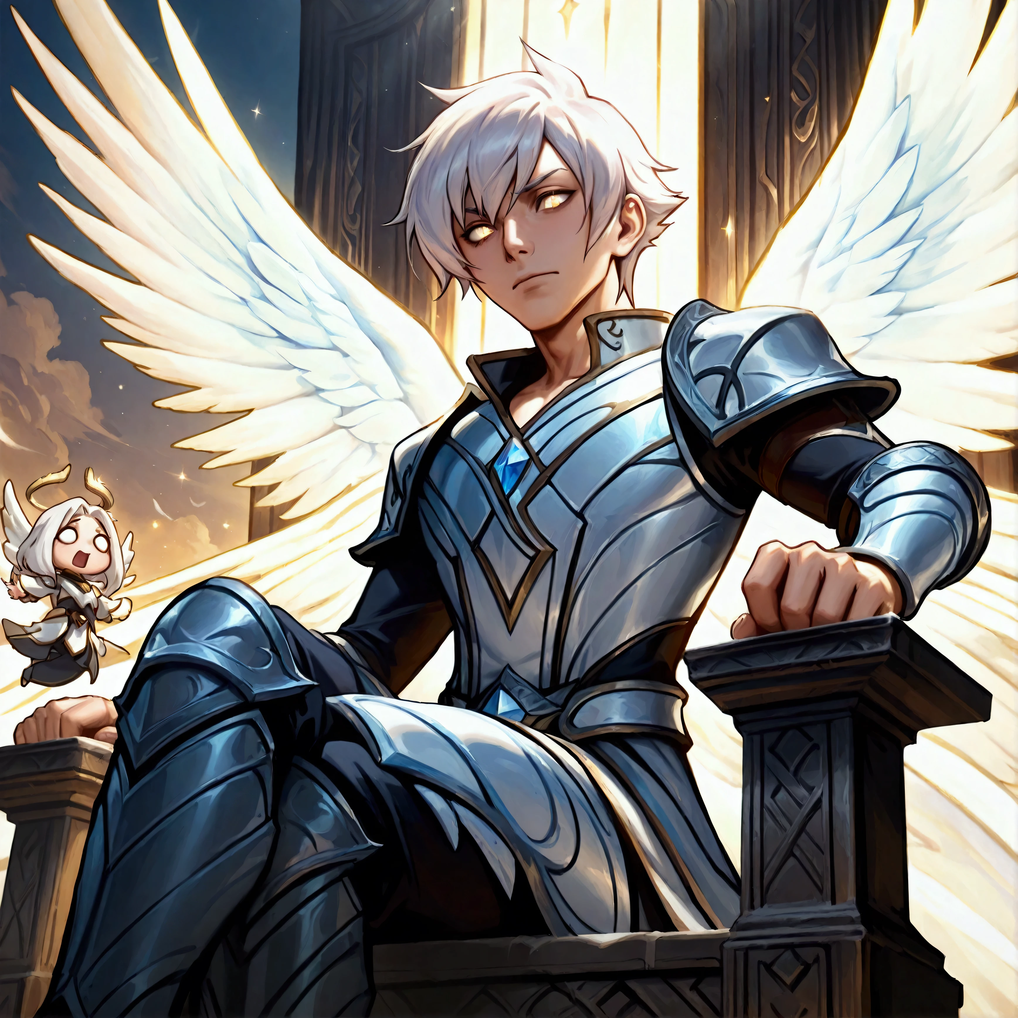 (masterpiece), best quality, expressive eyes, perfect face,male, short hair, noxus armor, anime - style male angel with white hair and wing, young angel, dark armor angle with wing, Noxian armor body, wing iron, highly detailed exquisite fanart, fanart best artstation, winged male, detailed digital, splash art pose, sitting on a throne