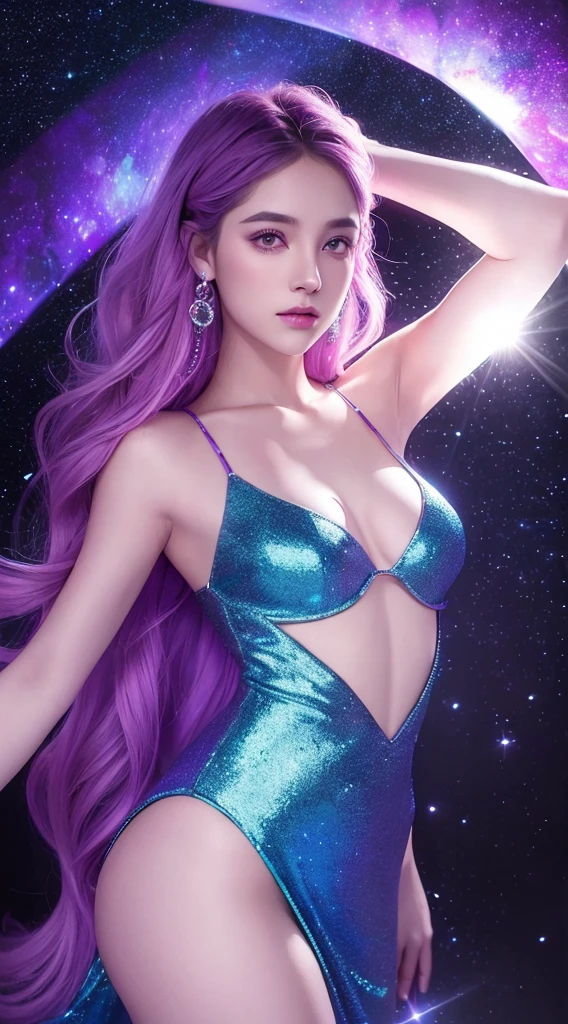 Masterpiece, Ultra realistic, 16K, Dreamy atmosphere, r3b3cc4 young, Sensual (Erotic), 1 girl (cute young) alone, delicate (seductive) female face, silky purple hair, looking at viewer, realistic clear eyes, hair with gradient colors , simple background, white background, jewelry, earrings, necklace, young beauty, portrait, hoop earrings, realistic, soft lighting, professional photography, photorealistic, detailed eyes, muscular female body, defined muscles, delicate feminine, large natural breasts, belly hot, proportional narrow waist, proportionally big hips, thick legs, beautiful, nude, different sensual positions, raw, analog, sharp focus, 8K, high definition, dslr, high quality, Fujifilm XT3, Film grain, award winning, artwork