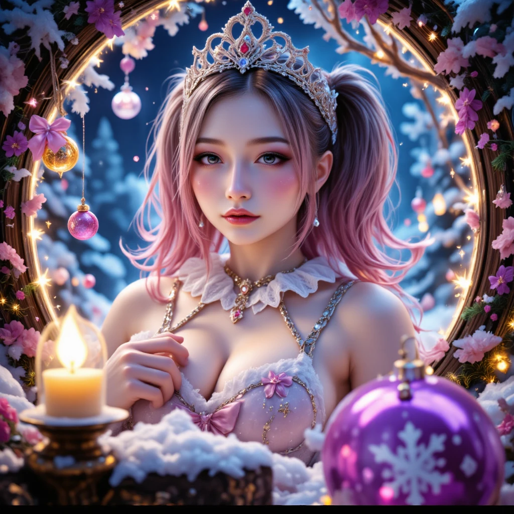 a magical winter wonderland, a christmas miracle, a stunning masterpiece, surreal and dreamlike, ethereal and captivating, detailed snowy landscape, beautiful glowing lights, elegant ornaments and decorations, whimsical and fantastical, (best quality,4k,8k,highres,masterpiece:1.2),ultra-detailed,(realistic,photorealistic,photo-realistic:1.37),cinematic lighting,vibrant colors,intricate details,soft focus,imaginative and awe-inspiring