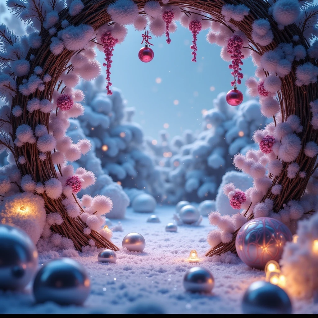 a magical winter wonderland, a christmas miracle, a stunning masterpiece, surreal and dreamlike, ethereal and captivating, detailed snowy landscape, beautiful glowing lights, elegant ornaments and decorations, whimsical and fantastical, (best quality,4k,8k,highres,masterpiece:1.2),ultra-detailed,(realistic,photorealistic,photo-realistic:1.37),cinematic lighting,vibrant colors,intricate details,soft focus,imaginative and awe-inspiring