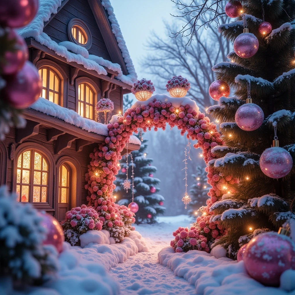 a magical winter wonderland, a christmas miracle, a stunning masterpiece, surreal and dreamlike, ethereal and captivating, detailed snowy landscape, beautiful glowing lights, elegant ornaments and decorations, whimsical and fantastical, (best quality,4k,8k,highres,masterpiece:1.2),ultra-detailed,(realistic,photorealistic,photo-realistic:1.37),cinematic lighting,vibrant colors,intricate details,soft focus,imaginative and awe-inspiring