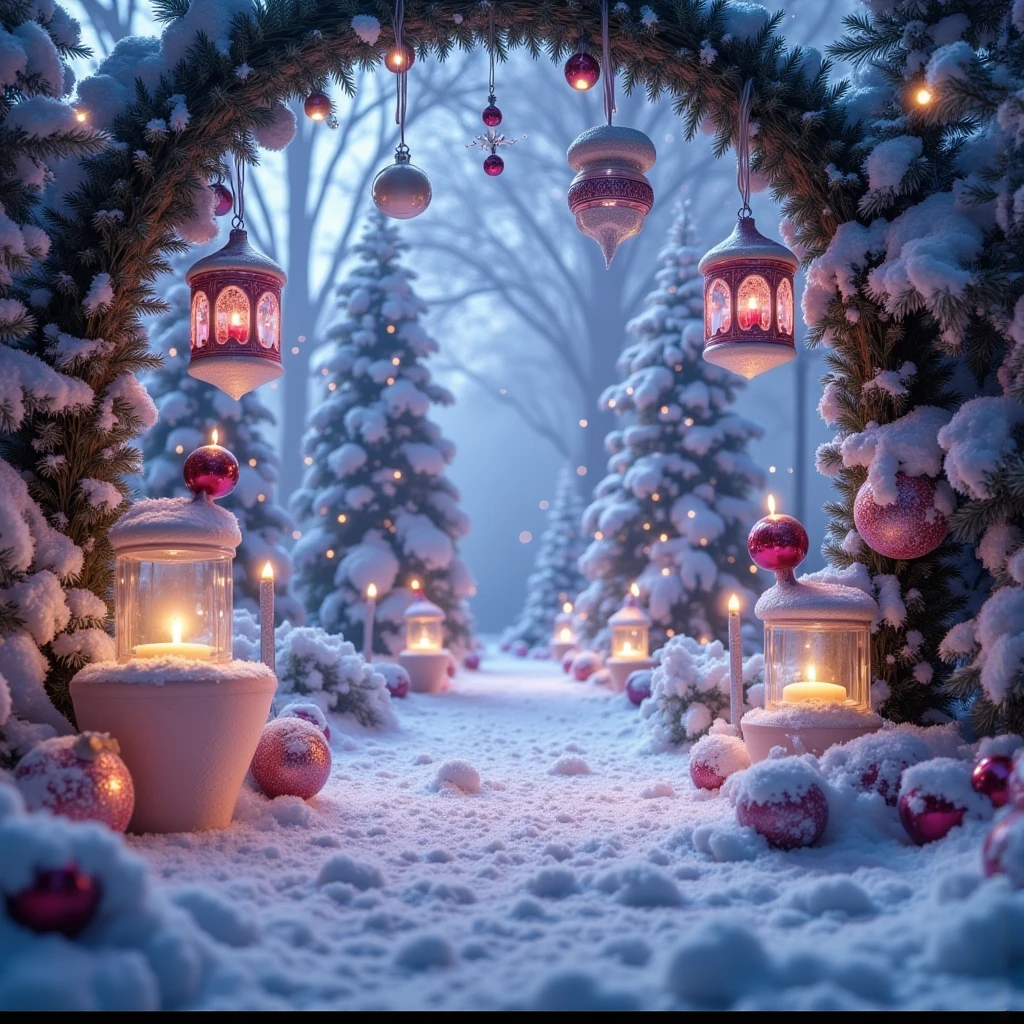 a magical winter wonderland, a christmas miracle, a stunning masterpiece, surreal and dreamlike, ethereal and captivating, detailed snowy landscape, beautiful glowing lights, elegant ornaments and decorations, whimsical and fantastical, (best quality,4k,8k,highres,masterpiece:1.2),ultra-detailed,(realistic,photorealistic,photo-realistic:1.37),cinematic lighting,vibrant colors,intricate details,soft focus,imaginative and awe-inspiring