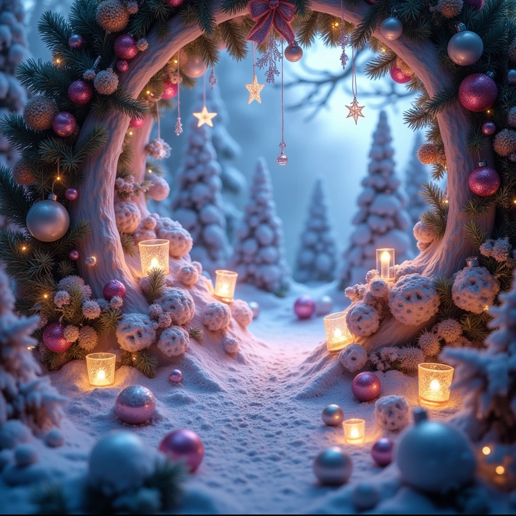 a magical winter wonderland, a christmas miracle, a stunning masterpiece, surreal and dreamlike, ethereal and captivating, detailed snowy landscape, beautiful glowing lights, elegant ornaments and decorations, whimsical and fantastical, (best quality,4k,8k,highres,masterpiece:1.2),ultra-detailed,(realistic,photorealistic,photo-realistic:1.37),cinematic lighting,vibrant colors,intricate details,soft focus,imaginative and awe-inspiring