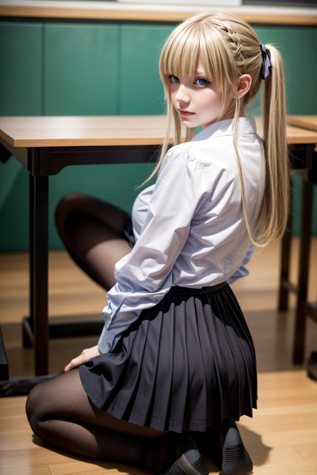 eririspencer, eriri sawamura spencer, blonde hair, blue eyes, blunt bangs, hair ribbon, hime cut, long hair, twintails, full body, full pose, BIG BREASTS, gross face, Grimace, ((kneeling)), BREAK black ribbon, black skirt, ((black pantyhose)), pleated skirt, ribbon, school uniform, skirt, zettai ryouiki, BREAK ((looking back)), ((school shoes)), BREAK indoors, classroom, BREAK (masterpiece:1.2), best quality, high resolution, unity 8k wallpaper, (illustration:0.8), (beautiful detailed eyes:1.6), extremely detailed face, perfect lighting, extremely detailed CG, (perfect hands, perfect anatomy),