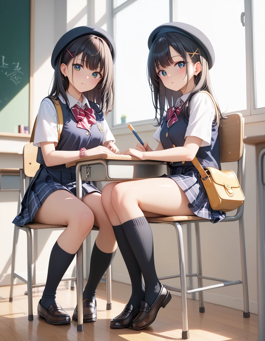 score_9, score_8_ up, score_7_ up, Source_Anime,  high resolution picture ,masterpiece, top quality , girl , girl 1人, cute face, clean skin, shiny hair, super detailed eyes,  women's clothing,  school uniform, shoulder bag, beret, ((black knee-high socks up to the knee)),  school classroom,  sitting on chair 