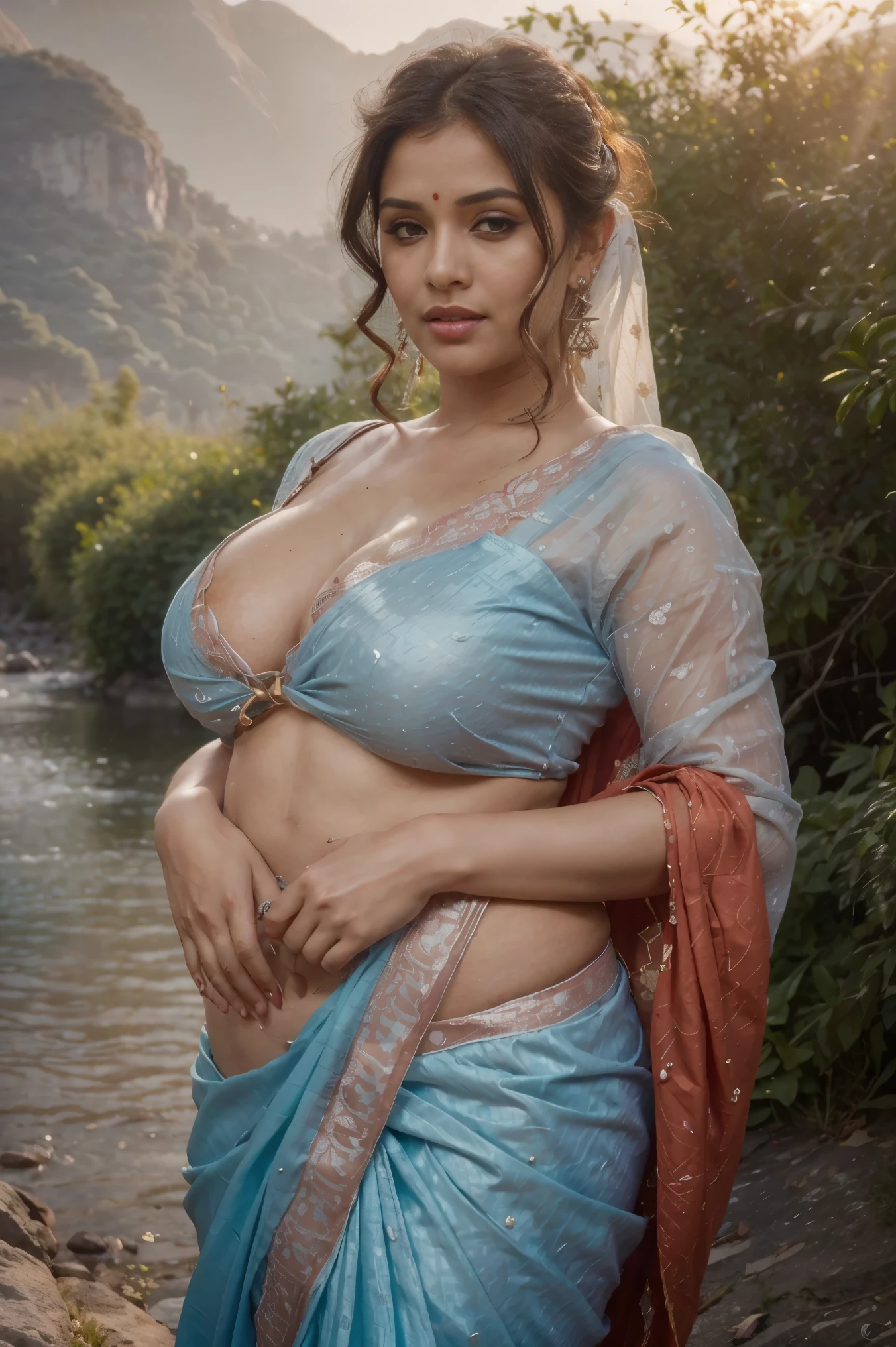 A gorgeous thick Indian woman wearing saree and blouse, She has a beautiful face, lovely lips, single bun hair. soft white skin, bun hair, Attractive face, Detailed face, Delicate facial features. Narrow smokey eyes, seductive eye style, wet body, shy, Anatomically correct, Highly detailed and eyes, Detailed skin, Huge breasts, Sensual woman, Mature female, sexy, Glamor, Bitch, Slut, Whore, Voluptuous, Seductive, Glamor, Love handle, Curvy, Plump, Embarrassed, shy, seductive, ((realistic)), ((absolute reality)), real, 4k, cinematic, ((photography)), photoshoot, ((detailed skin texture)), ((realistic skin texture)), ((real)), ((high resolution)), High quality, highly detailed, light little dark, low brightness, midium saturation, sharpness. Hot woman, perfect thick body. She has red lips, white skin, narrow smokey eyes, red dot on forehead. Married woman, ((correct hand autonomy)), ((correct finger autonomy)), ((correct belly autonomy)), ((correct pussy autonomy)), ((correct hair autonomy)), ((wearing torn petticoat and blouse)), ((clothe autonomy)), she is standing outside, ((mountain and river in background)), ((surrounded by people)), ((standing in middle of crowd)), ((crowd in background)), ((surrounded by people)), ((people are watching her)), ((she is crying)), ((crying face)), ((Indian married woman)), ((wearing saree and red blouse)), ((she is wearing red petticoat)), ((she is wearing torn blouse)), ((she is wearing blouse)), ((perfect cloth autonomy)), ((outside)), ((sunlight highlighting details)), ((mountain and river in background)), ((wearing the saree)), ((elegant hot married woman)), ((red dot on forehead)), ((wearing saree properly)), ((proper saree wearing autonomy)), ((blue saree)), nsfw, standing near mountain and river, ((wearing light blue colour saree)), NSFW style 