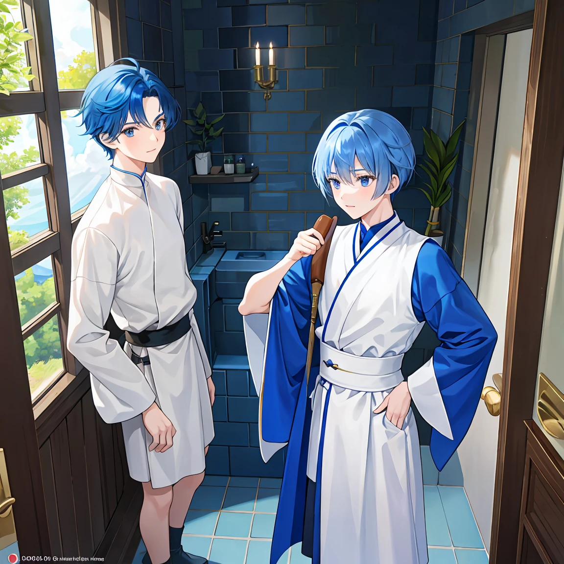 Two noble boys in a medieval washroom( s) talking 。Blue haired and dark haired 