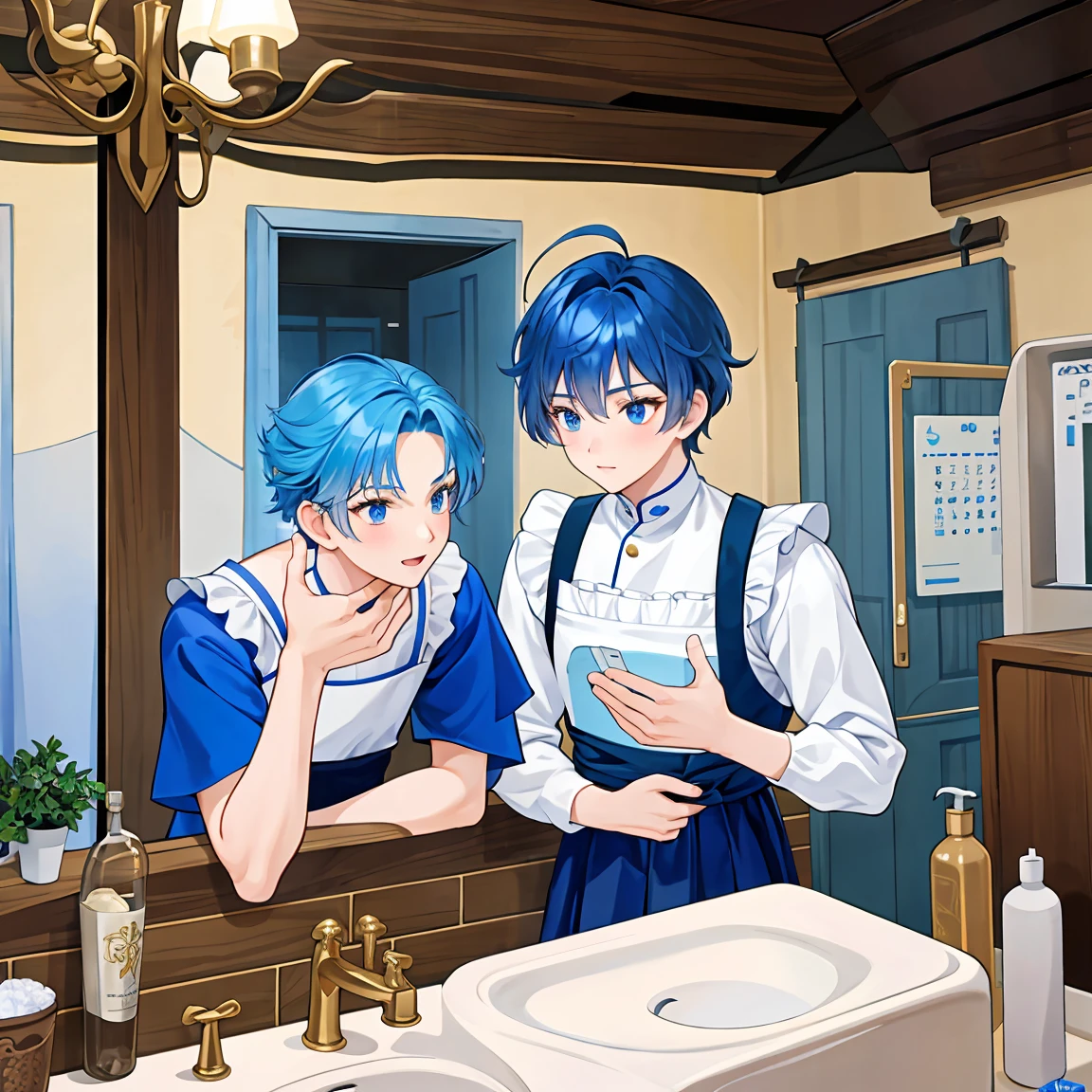 Two noble boys in a medieval washroom( s) talking 。Blue haired and dark haired 