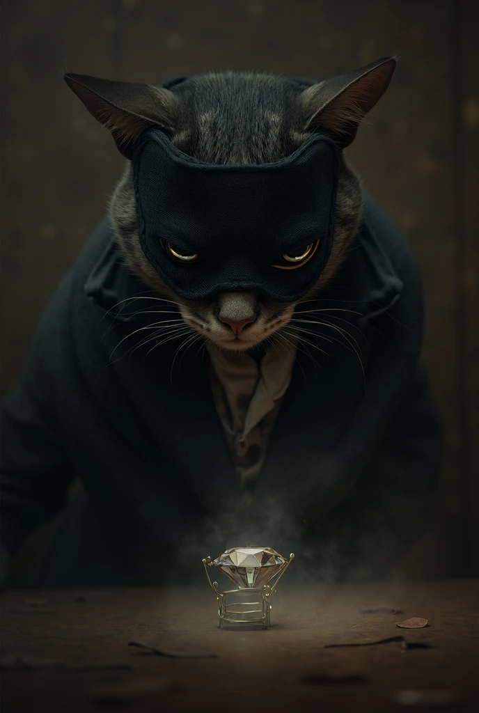 A thief cat on face weared a mask and dress weard pant court he robber a diamond