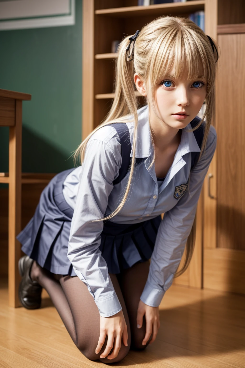 eririspencer, eriri sawamura spencer, blonde hair, blue eyes, blunt bangs, hair ribbon, hime cut, long hair, twintails, full body, full pose, BIG BREASTS, gross face, Grimace, ((kneeling)), BREAK black ribbon, black skirt, ((black pantyhose)), pleated skirt, ribbon, school uniform, skirt, zettai ryouiki, BREAK ((looking back)), ((school shoes)), BREAK indoors, classroom, BREAK (masterpiece:1.2), best quality, high resolution, unity 8k wallpaper, (illustration:0.8), (beautiful detailed eyes:1.6), extremely detailed face, perfect lighting, extremely detailed CG, (perfect hands, perfect anatomy),