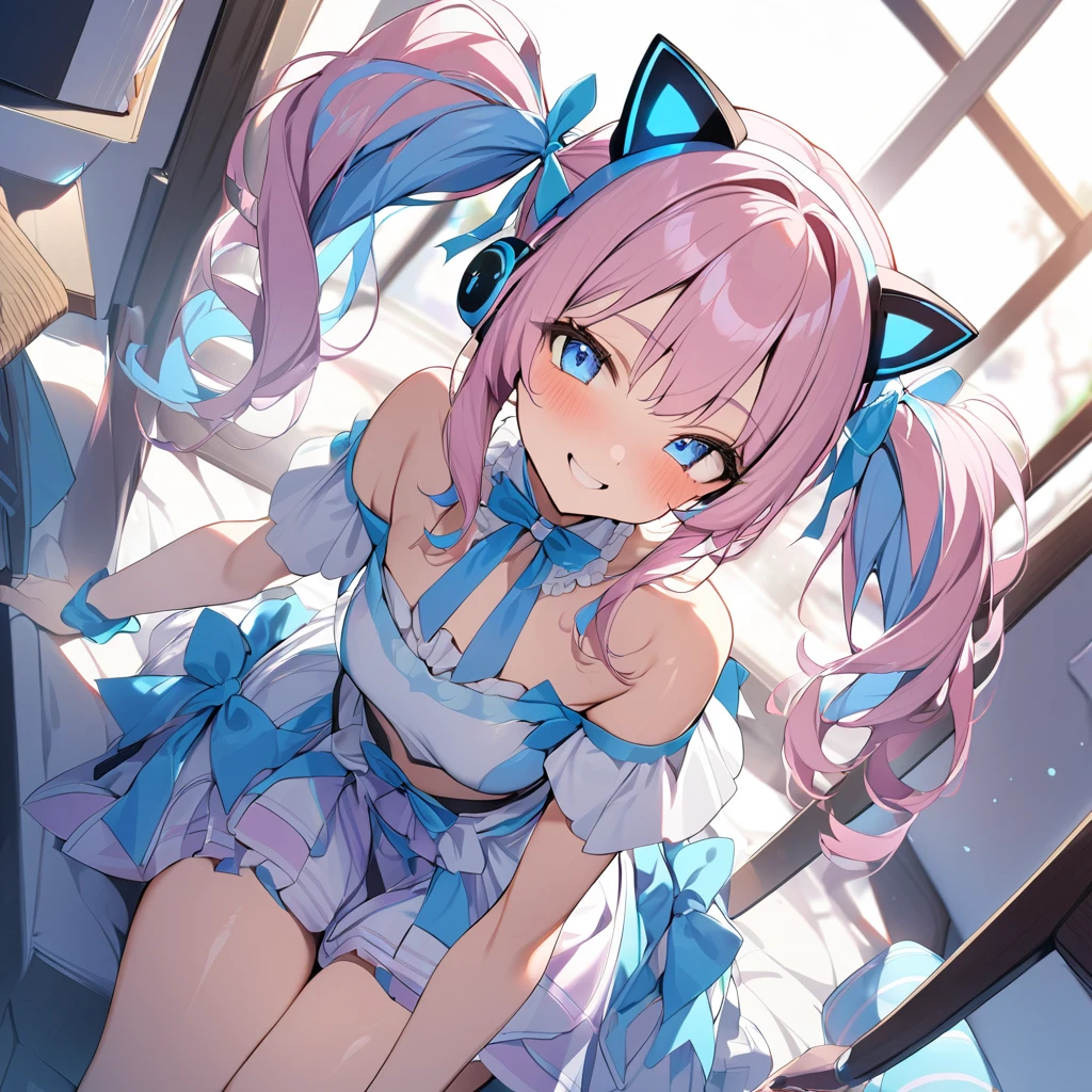 Rainbow hair, Ponytail, Hairpin, Headband, Hairpin, Maid headdress, goggles, Moles under the eyes, Heart-shaped pupil, Cat ear headphones, happy,Browse,Large Breasts,Big breasts,Cum on my chest,train,cumin ,On all fours,vaginal,,Hatsune Ohora,train,one person,blush,