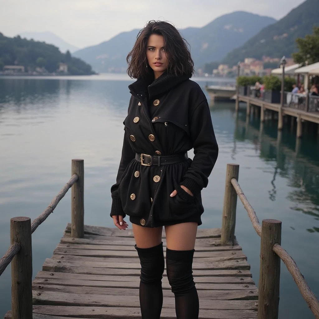 an Italian woman wearing a warm long sleeve black long woolen cardigan with big buttons and black Extra Long Thigh High Socks is standing on a large jetty at the water of a lake in Italy, late afternoon, temptation, desire,,photorealistic, photorealism: 1.4), 1girl, high quality, detailed features, (photorealistic, photo-realistic, realistic 1.45), 4k, 8k, highres, (indirect gaze: 1.9), (full body: 1.4), high quality, Nikon D850A, cinematic photo, 8k, 85mm medium format photo beautiful hyperrealism hyperdetailed, photorealistic