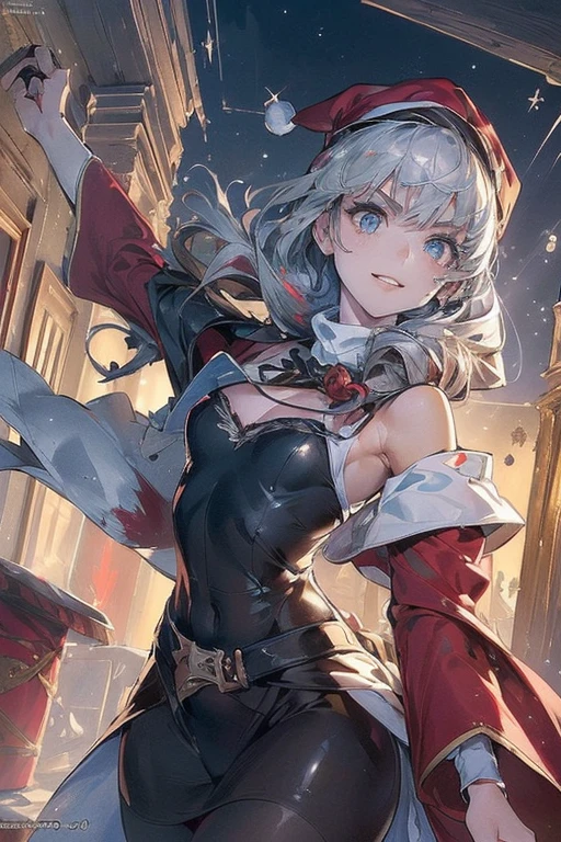 (from below:1.2),((1girl, silver hair, long hair, qutel blue eyes, beautiful eyes, pretty smile:1.5, ), ( off-shoulder dress, sweater dress,, santa hat, black tights, santa boots), (((holding ominous japanese sword:1.1 ))), ((battlescene,slashilg,killing the mafia,blood splash)), (outdoor, party room, christmas party), ((masterpiece:1.5)), ((best quality:1.5)), (ultra-detailed:1.5), (cinematic lighting, cinematic posing), (goddess smile:1.1),(with sparkling eyes and a contagious smile),her thin pubic hair:1.2, off-shoulder dress, sweater dress, Purplish blue eyes that dreamers desire, small stature, medium , Lori face, (masutepiece:1.2, Best Quality), (finely detailed beautiful eye: 1.2), (beautifull detailed face), (perky chest:1.2), (pointed chest:1.1), (bra magazine cover:1.3),(with sparkling eyes and a contagious smile),her thin pubic hair:1.2, looking at viewer