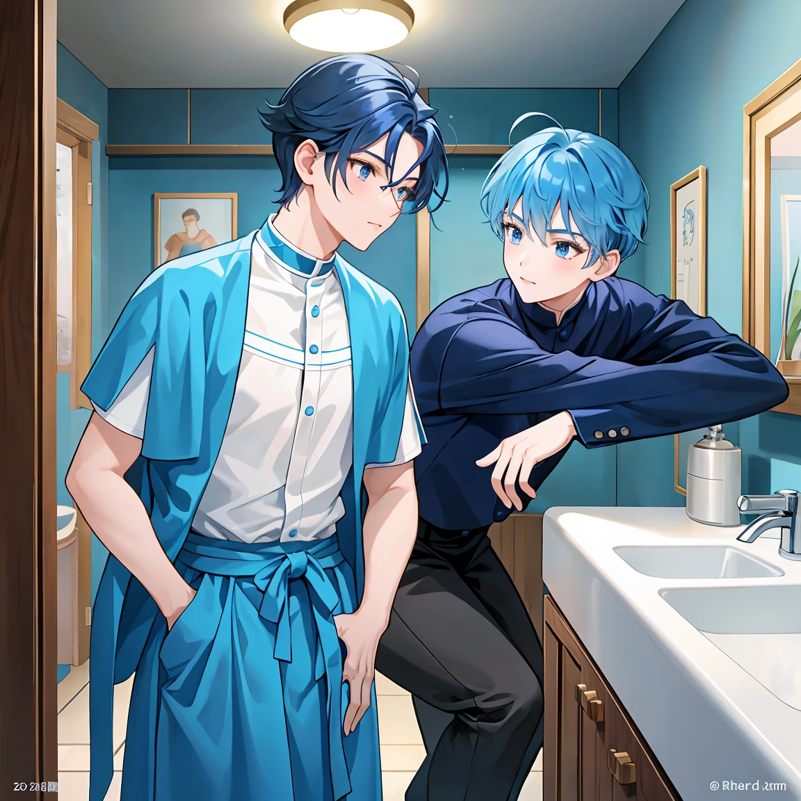 Two noble boys in a medieval washroom( s) talking 。Blue haired and dark haired 