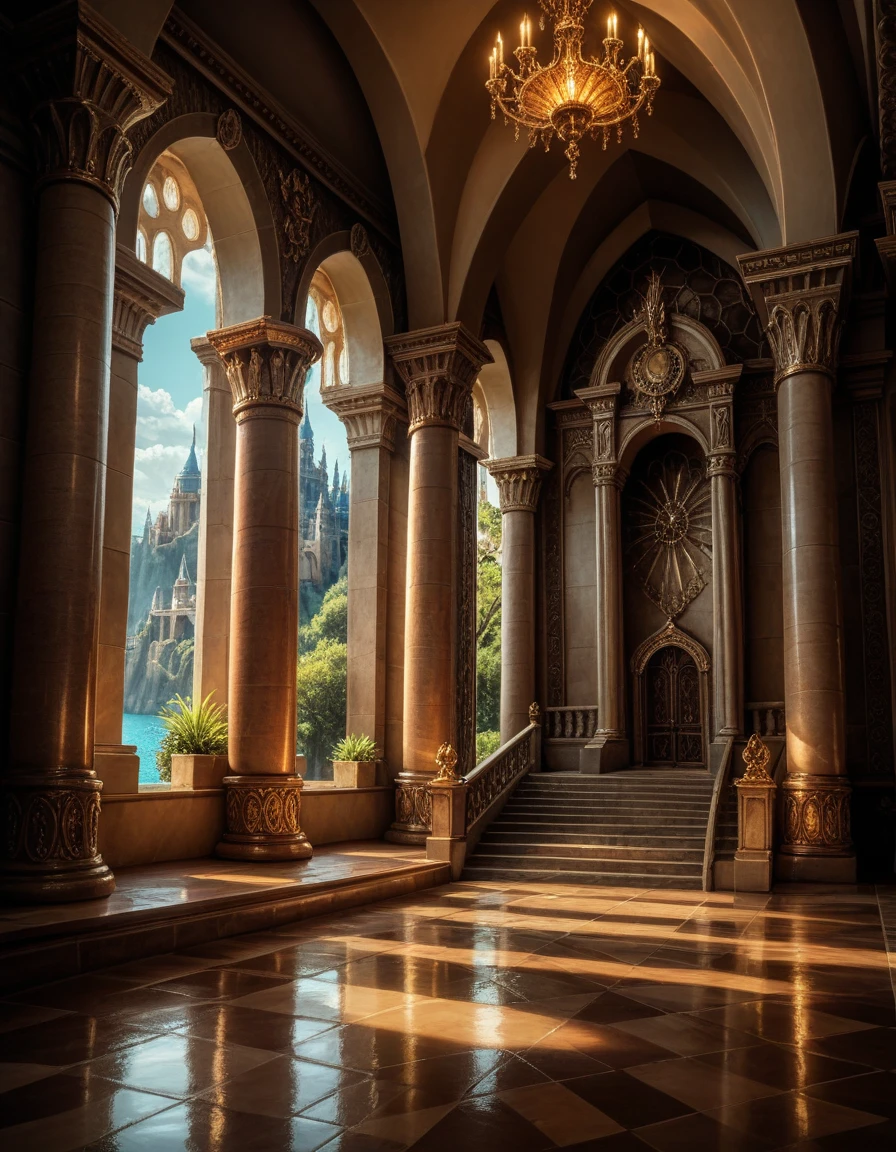  The image shows an underwater palace with a majestic shell-shaped throne.  The throne is decorated with gold elements and stands on a hill ,  surrounded by columns with exquisite carved details . The sun's rays break through the water ,  creating a magical atmosphere .  Seashells and marine elements can be seen around the throne room ,  adding the feeling of an underwater kingdom .  a realistic image of ,  masterpiece fails,  work of art,  hyperrealistic , rendering , realistic physical rendering,  photorealistic rendering ,  highly detailed ,  high-quality render ,  architectural rendering ,  very realistic 3D render ,  a realistic image of , ((HD quality)) ((without people))